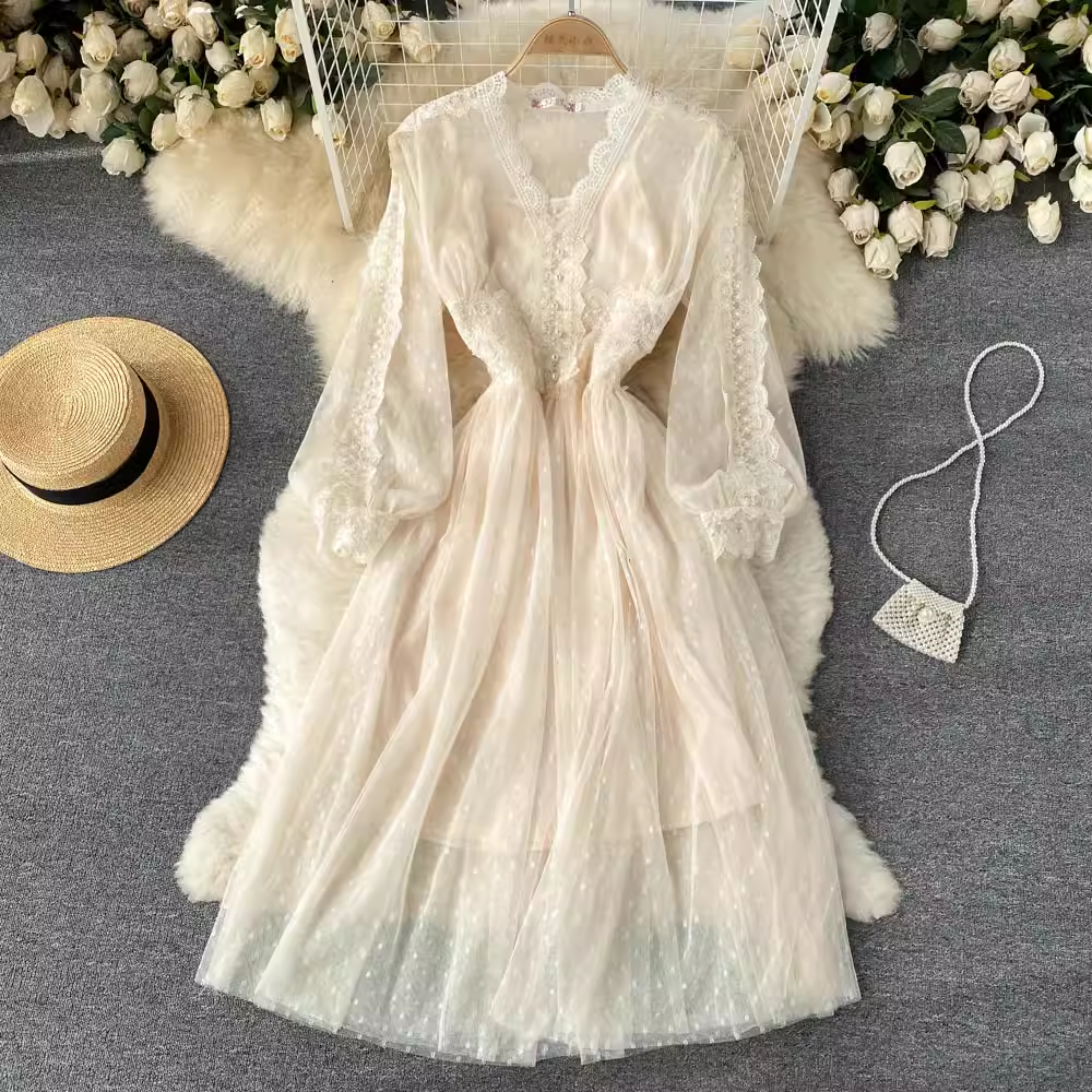 Elegant Lace V-Neck French Fairy Mesh Midi Dress 1162 - Perfect for Weddings, Parties & Special Occasions
