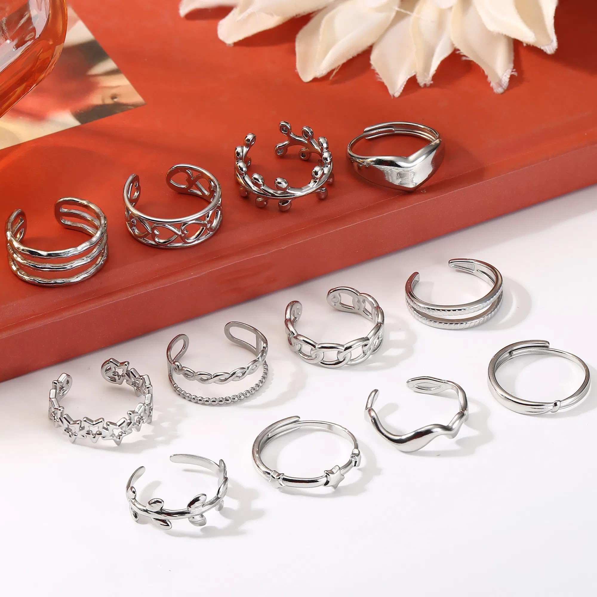 12Pcs Stainless Steel Stackable Rings for Women - Silver Aesthetic Adjustable Open Knuckle & Thumb Rings (Size 6-9) - Trendy Indie Jewelry for Everyday Wear, Layering & Boho Fashion