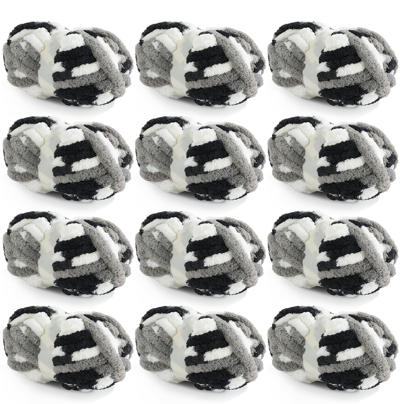 HOMBYS 12 Pack Giant Chunky Yarn for Crocheting - Super Bulky Soft Fluffy Chenille Yarn in Black, White & Grey | Perfect for Arm Knitting, Blankets & DIY Crafts | Tie Dye Plush Fuzzy Yarn for Hand Knitting Projects