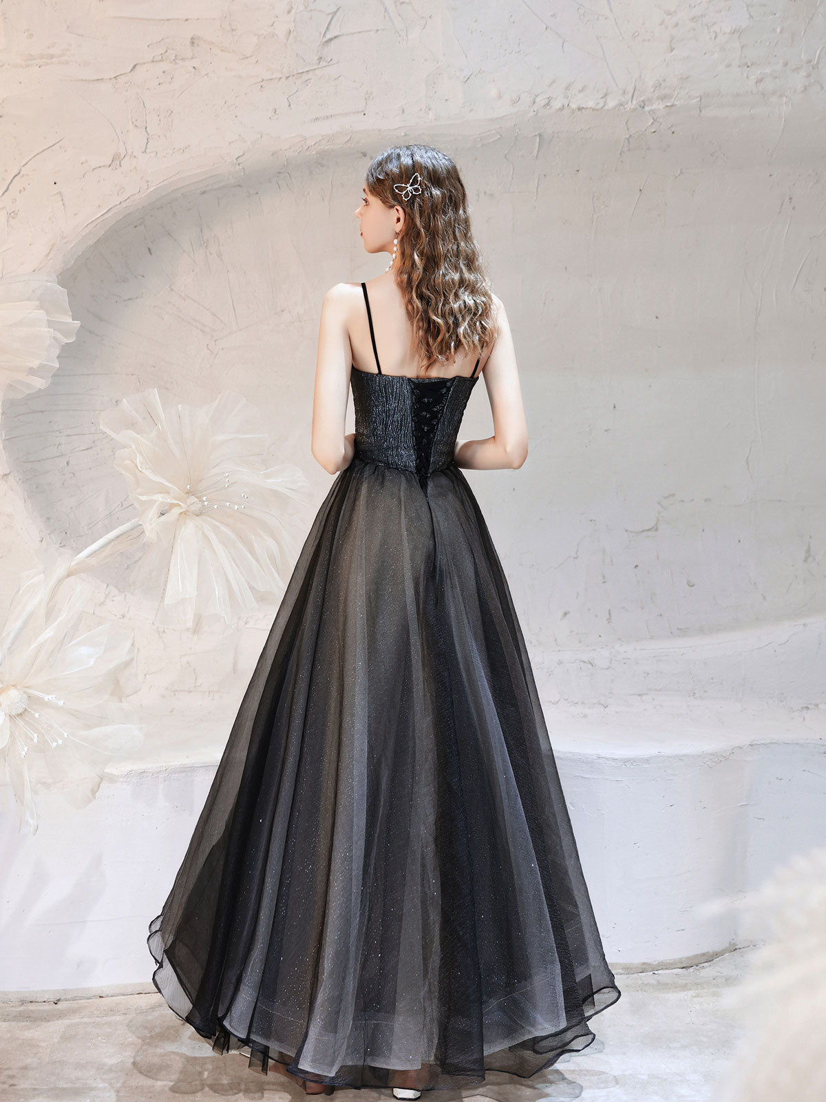 Elegant Black Tulle Lace Long Prom Dress - Formal Evening Gown for Homecoming, Ball, Wedding & Special Occasions