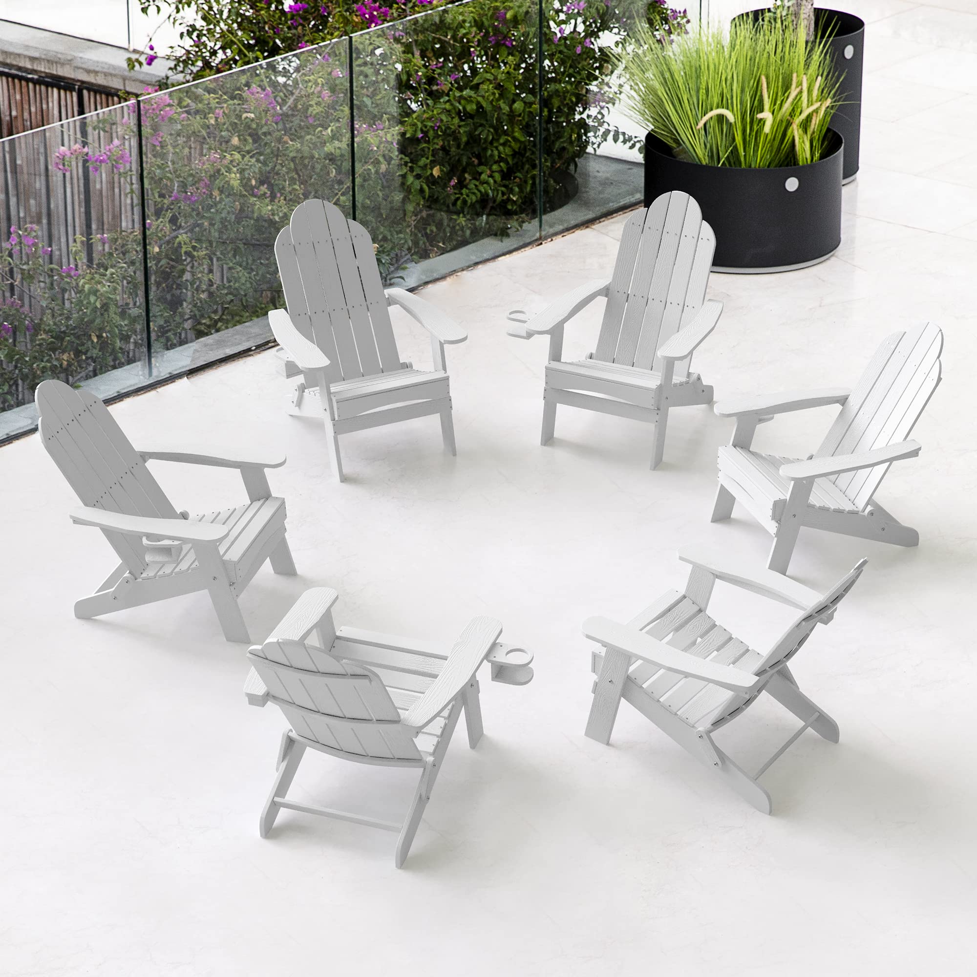 LUE BONA 6-Piece Folding Adirondack Chair Set - White Weather-Resistant HDPS Plastic Outdoor Patio Chairs with Cup Holders - Perfect for Backyard, Poolside, Camping & Fire Pit Gatherings