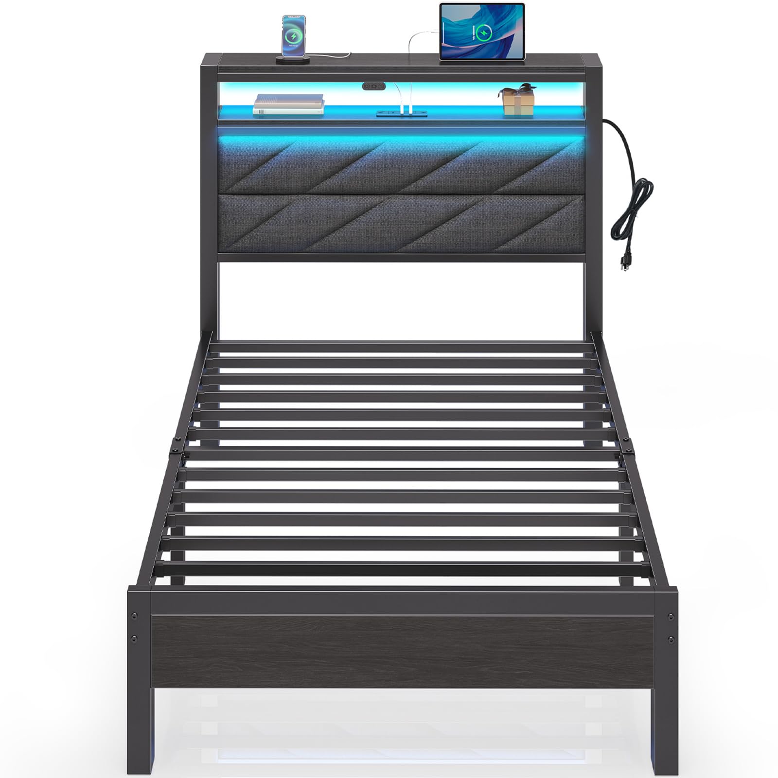 Twin Size Upholstered Platform Bed Frame with LED Headboard & USB Charging Station - Under Bed Storage, No Box Spring Needed, Noise-Free, Easy Assembly, Grey - Perfect for Small Bedrooms, Dorms & Guest Rooms