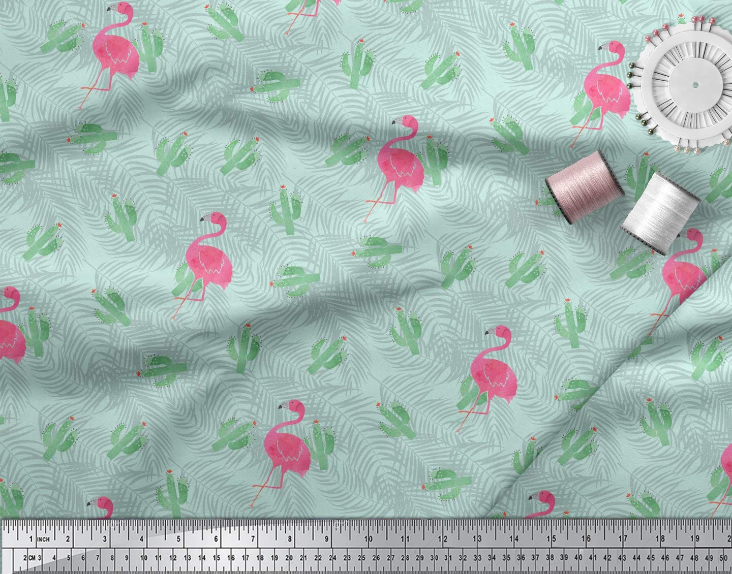 Soimoi Moss Georgette Green Fabric by The Yard - 42 Inch Wide Printed Fabric with Cactus & Flamingo Leaves Design - Exotic Textile for Dresses, Curtains, and DIY Fashion Projects