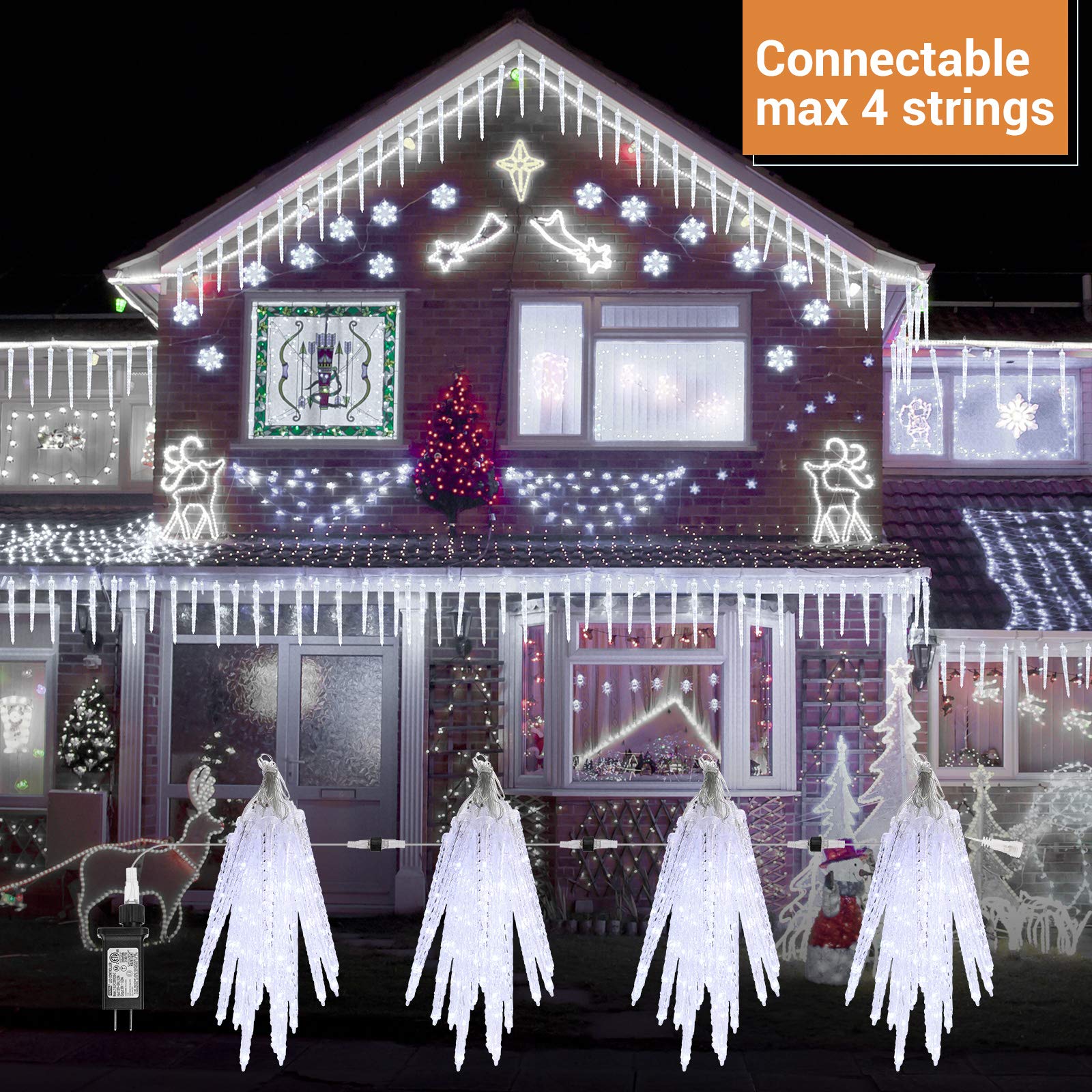 90 LED White Icicle Christmas Lights - 20 Connectable Crystal Ice String Lights for Indoor & Outdoor Holiday Decor, Party, Tree, Roof, Window, Yard Decoration