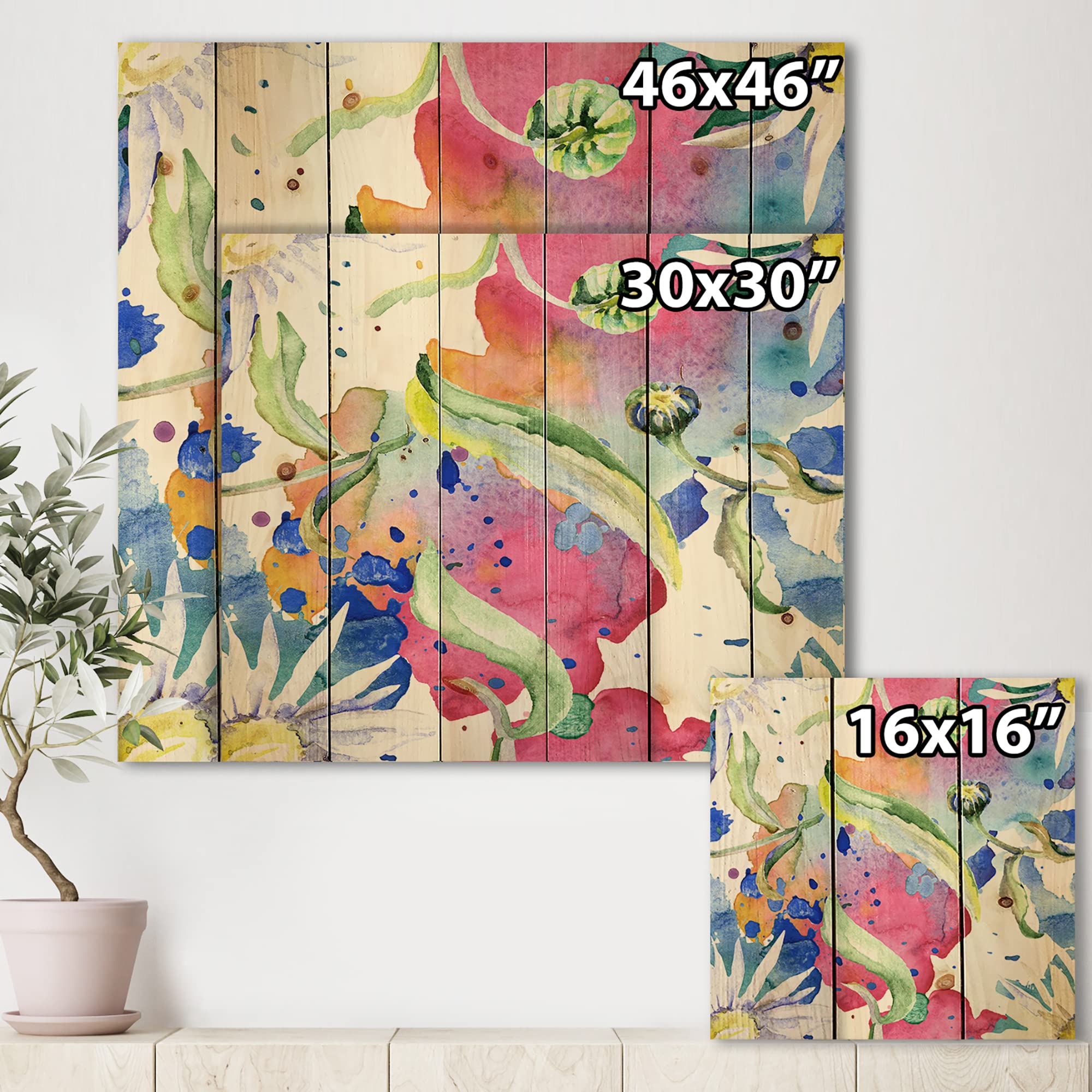 Iridescent Daisy Flowers Wood Wall Decor - Pink Floral Wall Art on Natural Pine Wood - Large Transitional Wood Panels for Living Room, Bedroom & Office Decor