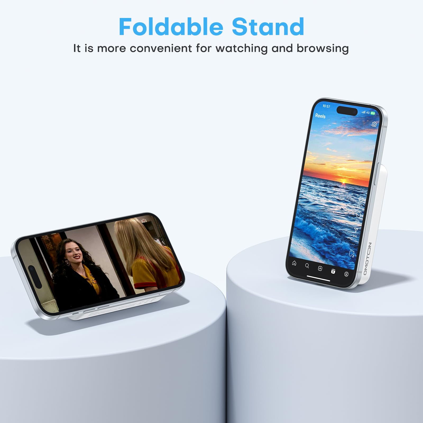 OMOTON 10000mAh Magnetic Wireless Power Bank - Fast Charging Portable Charger for iPhone 15/14/13/12/11 Series with LED Display & Foldable Stand | Perfect for Travel, Work & Outdoor Activities (Gray White)