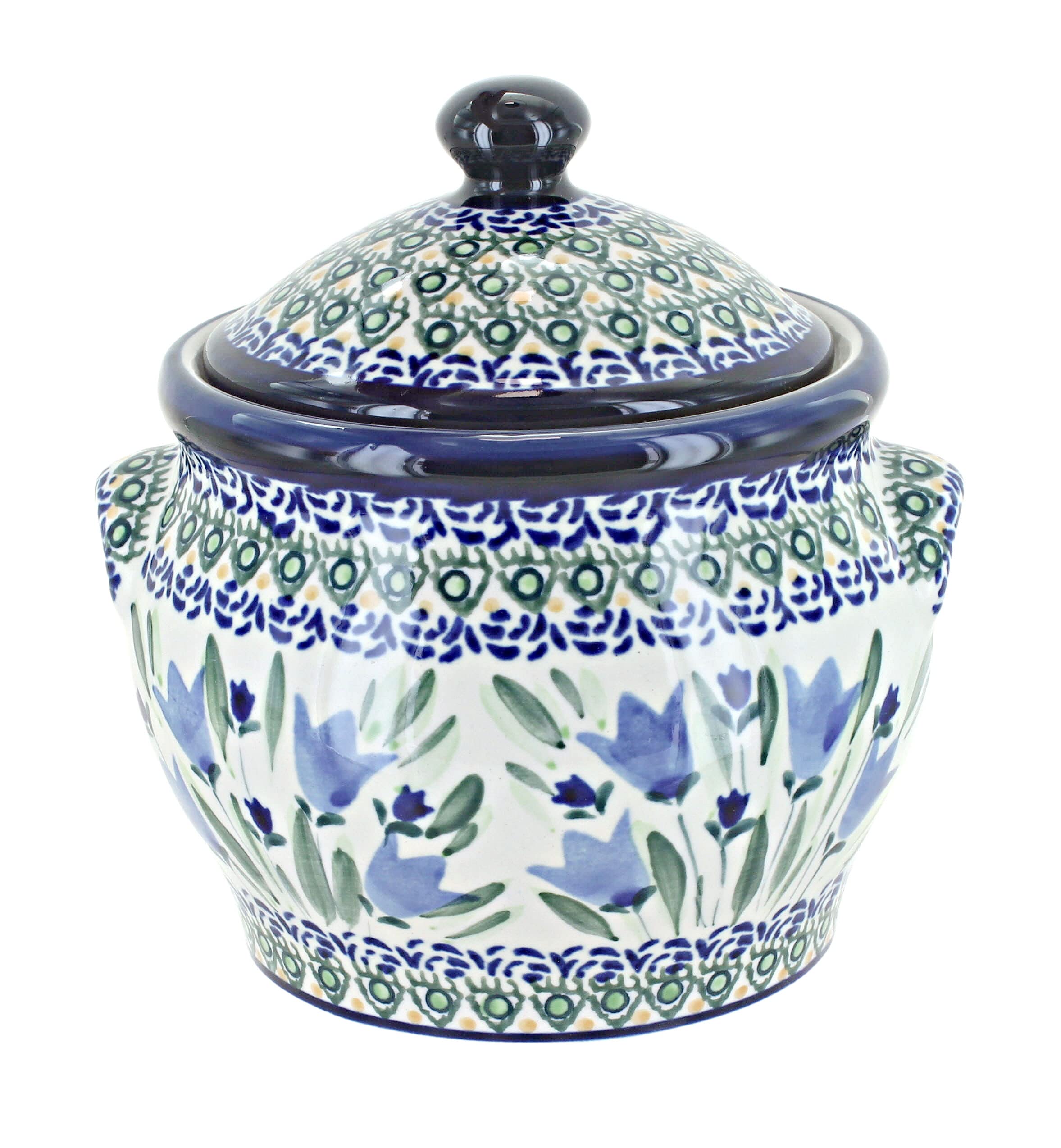 Handmade Blue Rose Polish Pottery Canister with Blue Tulip Design - Medium Size for Kitchen Storage, Dining Table Decor, or Gift Idea