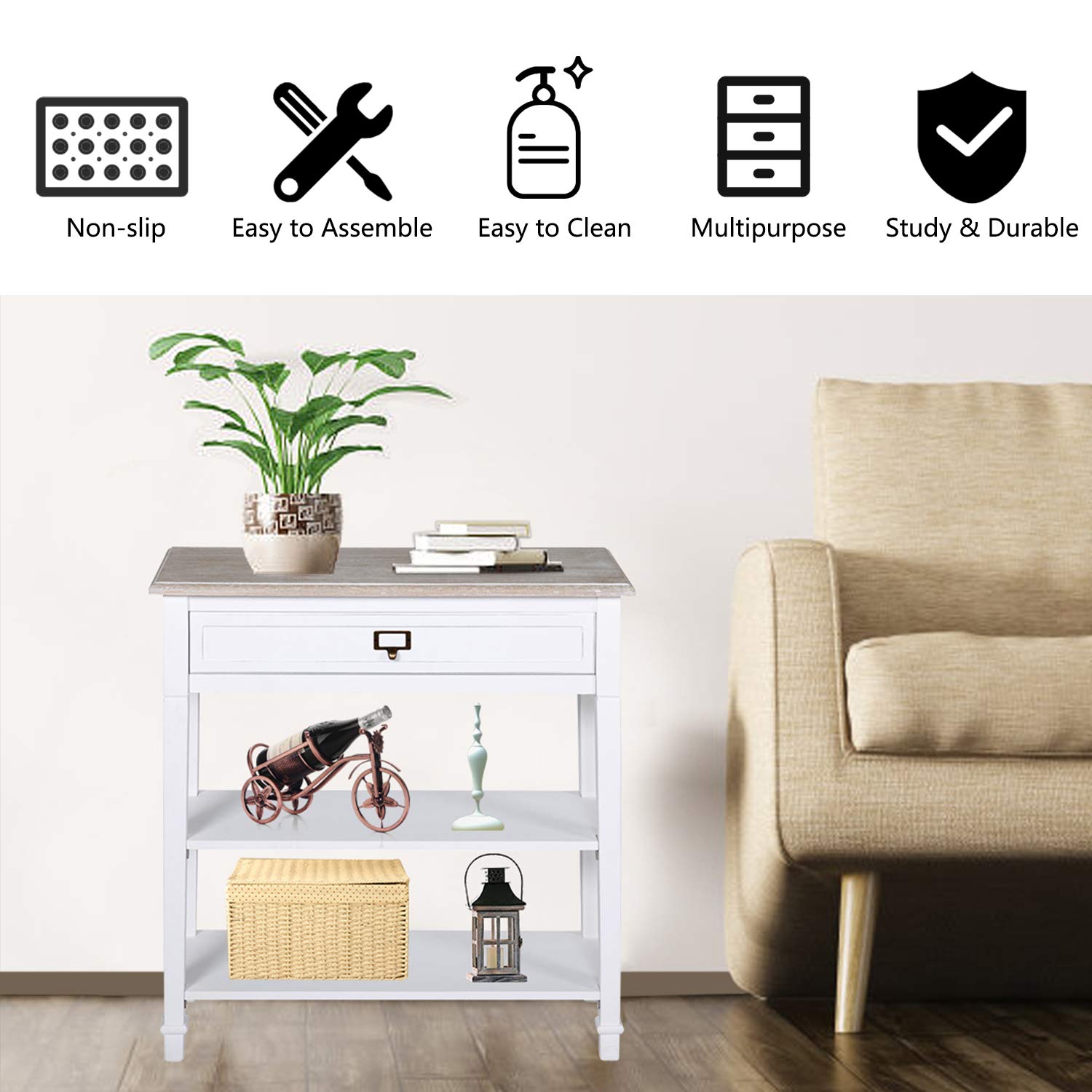 Kinsuite 2-Tier White Small Console Table with Drawer & Shelf - Wooden Entryway Sofa Table with Storage for Hallway, Living Room | Perfect for Narrow Spaces & Home Decor