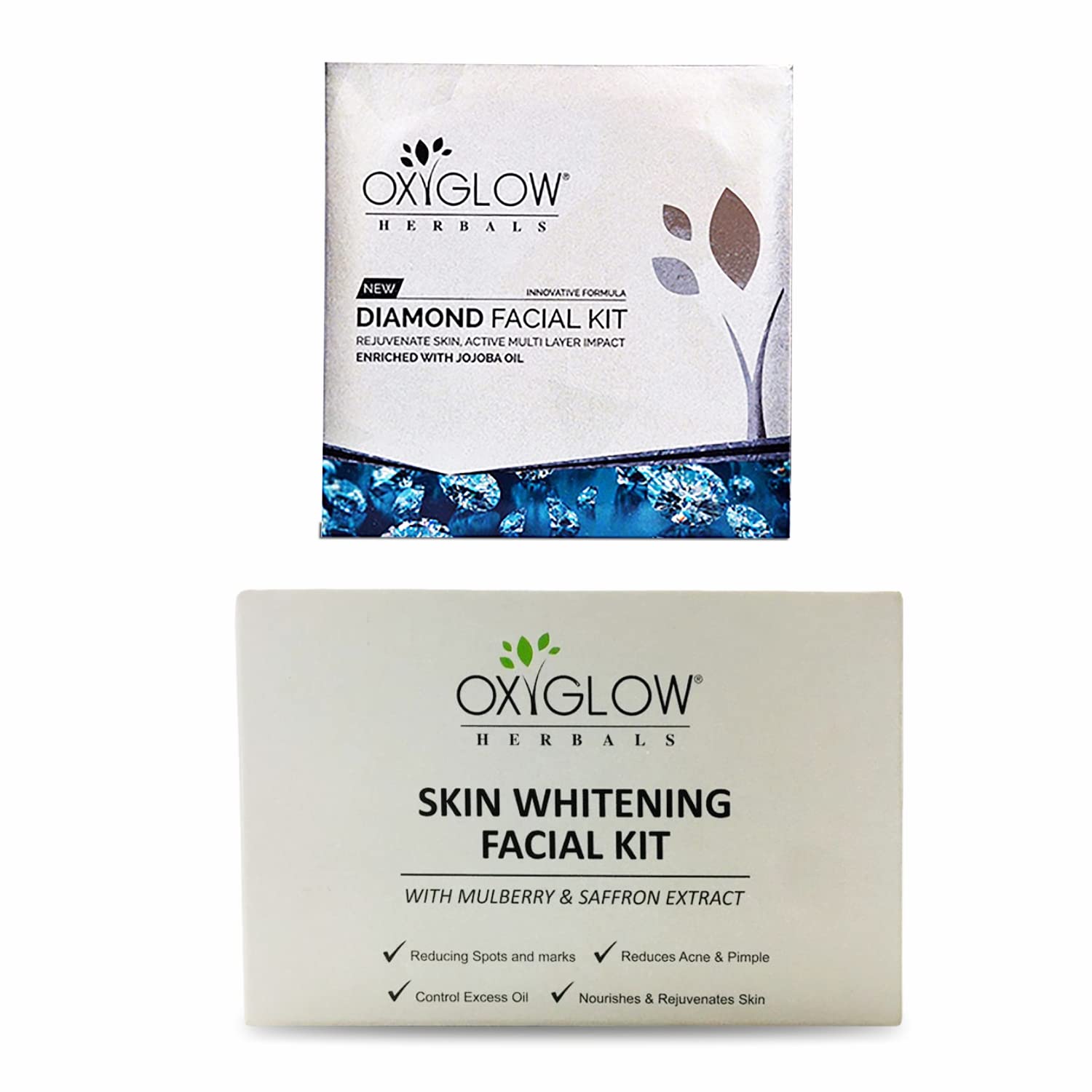 OxyGlow Herbals Diamond Facial Kit 63g & Skin Whitening Facial Kit 60g Combo Pack - Brightening & Glowing Facial Treatment for Radiant Skin at Home or Salon