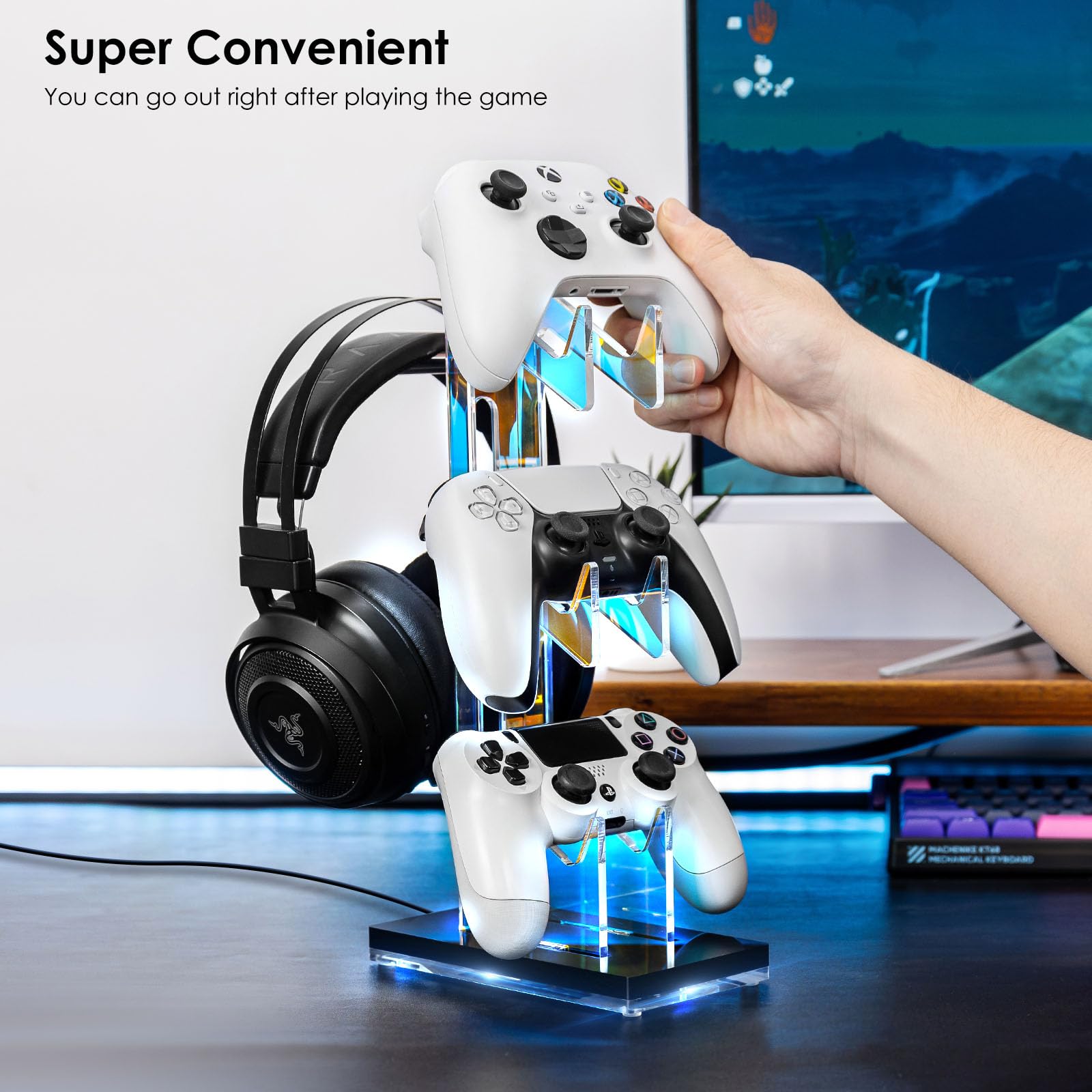 OAPRIRE 3-Tier Acrylic Gaming Controller Stand with LED Lights - Universal Headset Holder for PS5, PS4, Nintendo Switch & PC Accessories (Black) | Perfect for Gaming Setup & Desk Organization