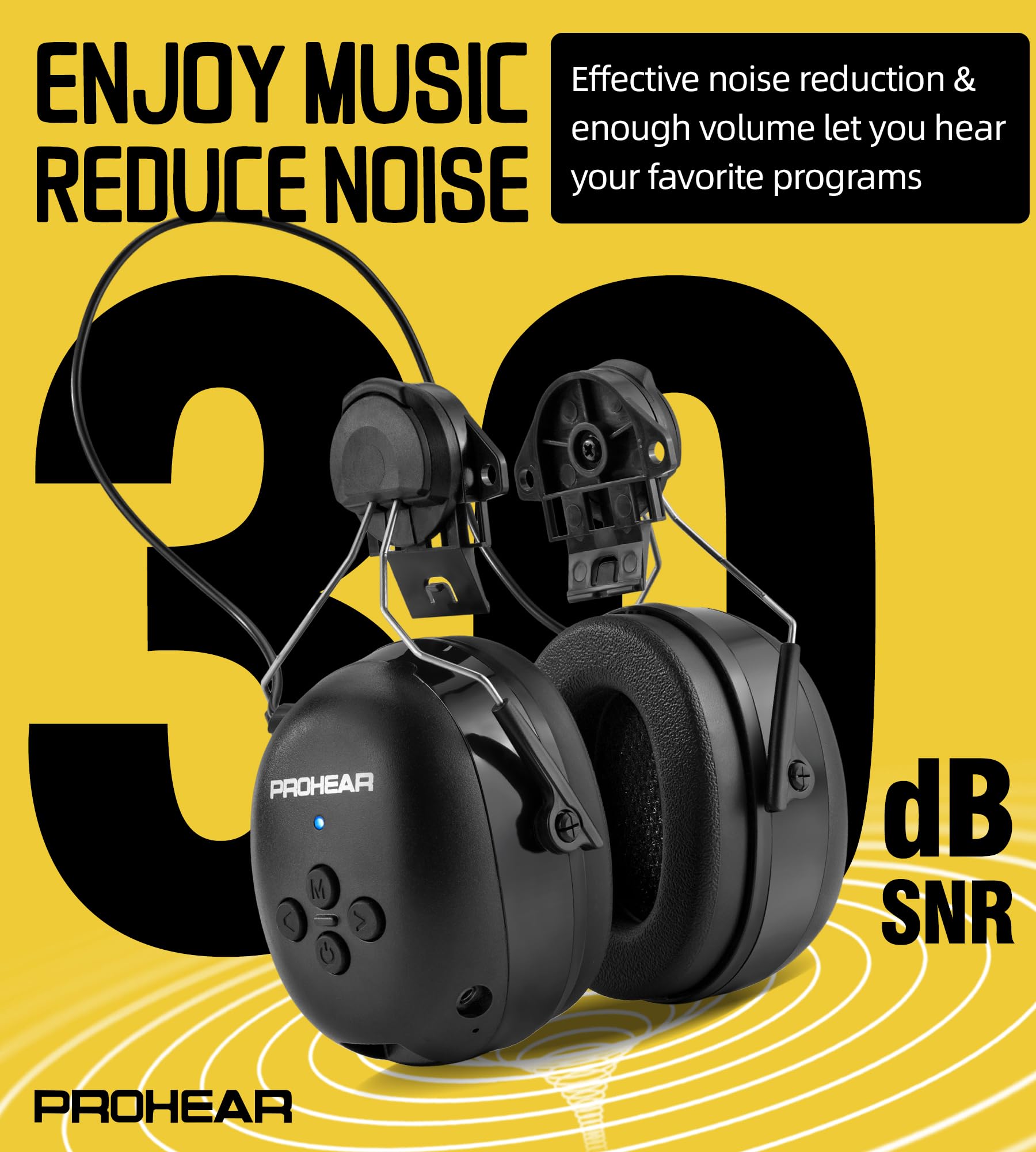 PROHEAR 037BR04 Bluetooth Hearing Protection Headphones - 40H Playtime, Noise Cancelling for Construction, Mowing & DIY - Compatible with 3M H-700 & DEWALT Hard Hats (Black) - Perfect for Job Sites, Landscaping & Woodworking Safety