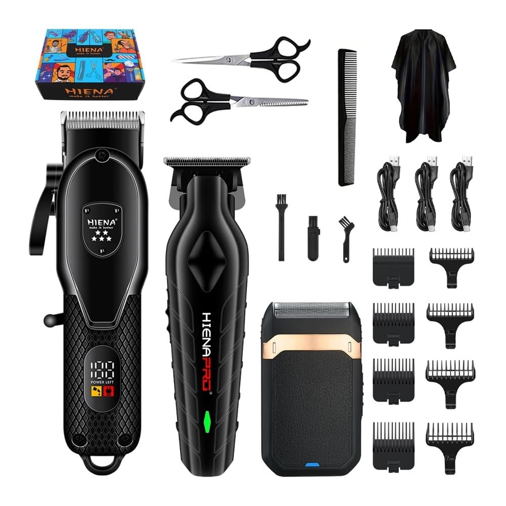Professional USB Rechargeable Hair Clipper Set - HIENA 3-Piece Home Hair Cutting Kit with Strong Motor & Sharp Blades for Men's Grooming, Beard Trimming & Family Haircuts (Black) - Perfect for Home Use, Travel & DIY Hairstyling