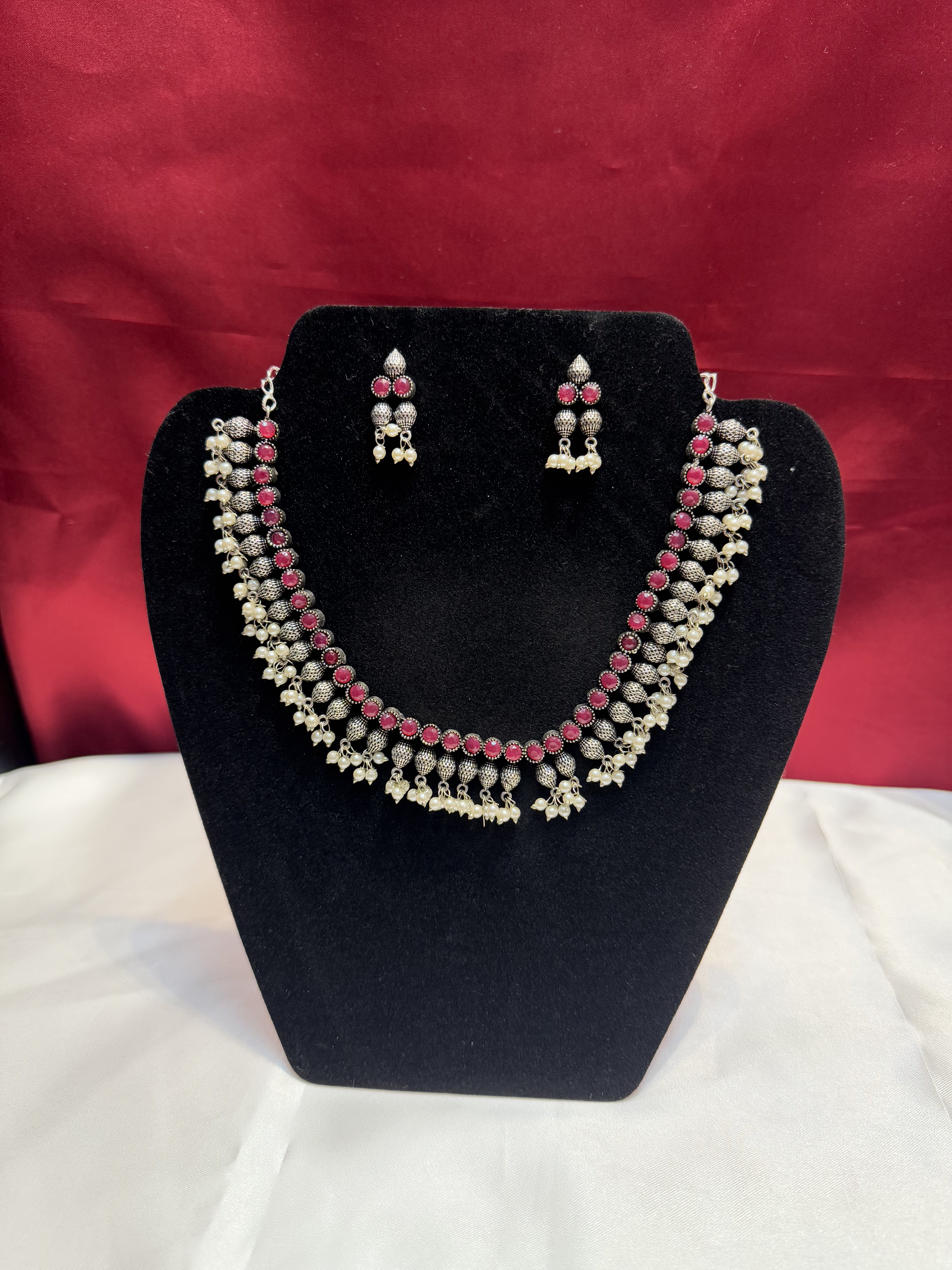 Elegant Magenta Pearl Drop Oxidized Necklace Set for Women - Perfect for Weddings, Parties & Special Occasions