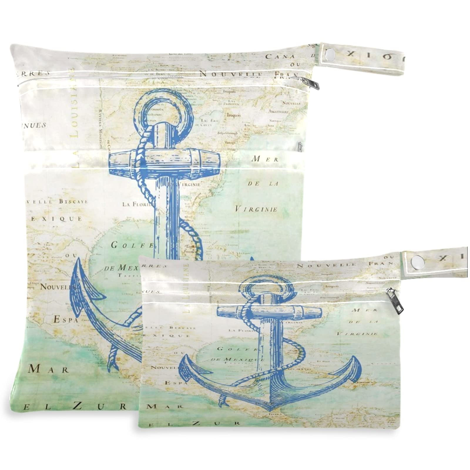 Visesunny Blue Anchor 2-Pack Waterproof Wet Bags with Zippered Pockets - Reusable & Washable Storage for Swimsuits, Gym Clothes, Diapers & Toiletries - Perfect for Travel, Beach, Pool, Daycare & Stroller Organization
