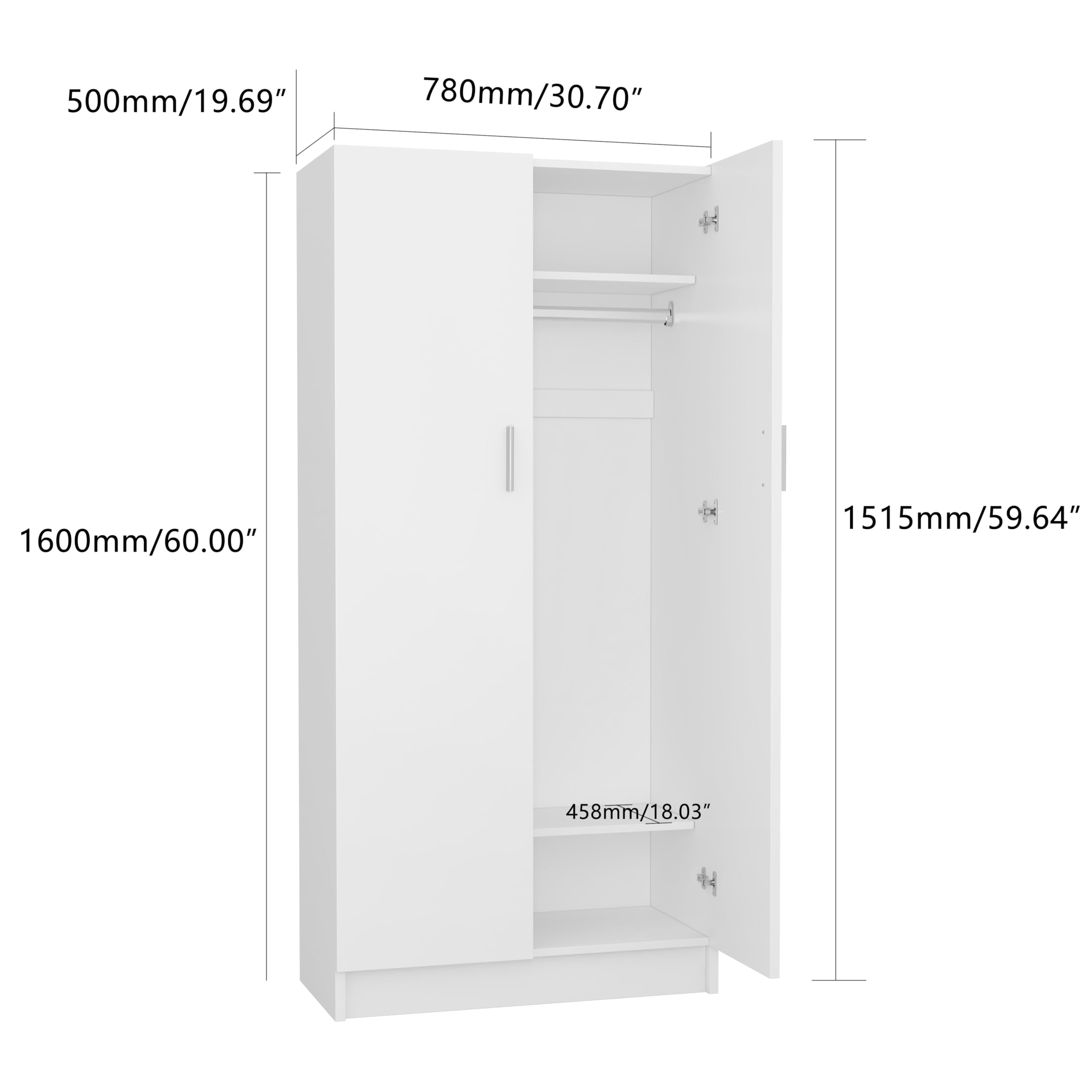 Panana 2 Door Wardrobe Closet - White Bedroom Storage Cabinet with Shelves & Hanging Rod - Perfect for Bedroom, Guest Room, Apartment & Dorm Organization