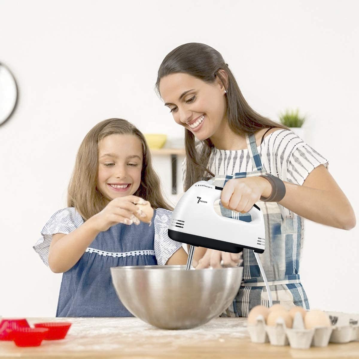 7-Speed Electric Hand Mixer for Baking - Stainless Steel Handheld Whisk with Dough Hooks - Perfect for Cakes, Cookies, Dough & More - Kitchen Baking Essential
