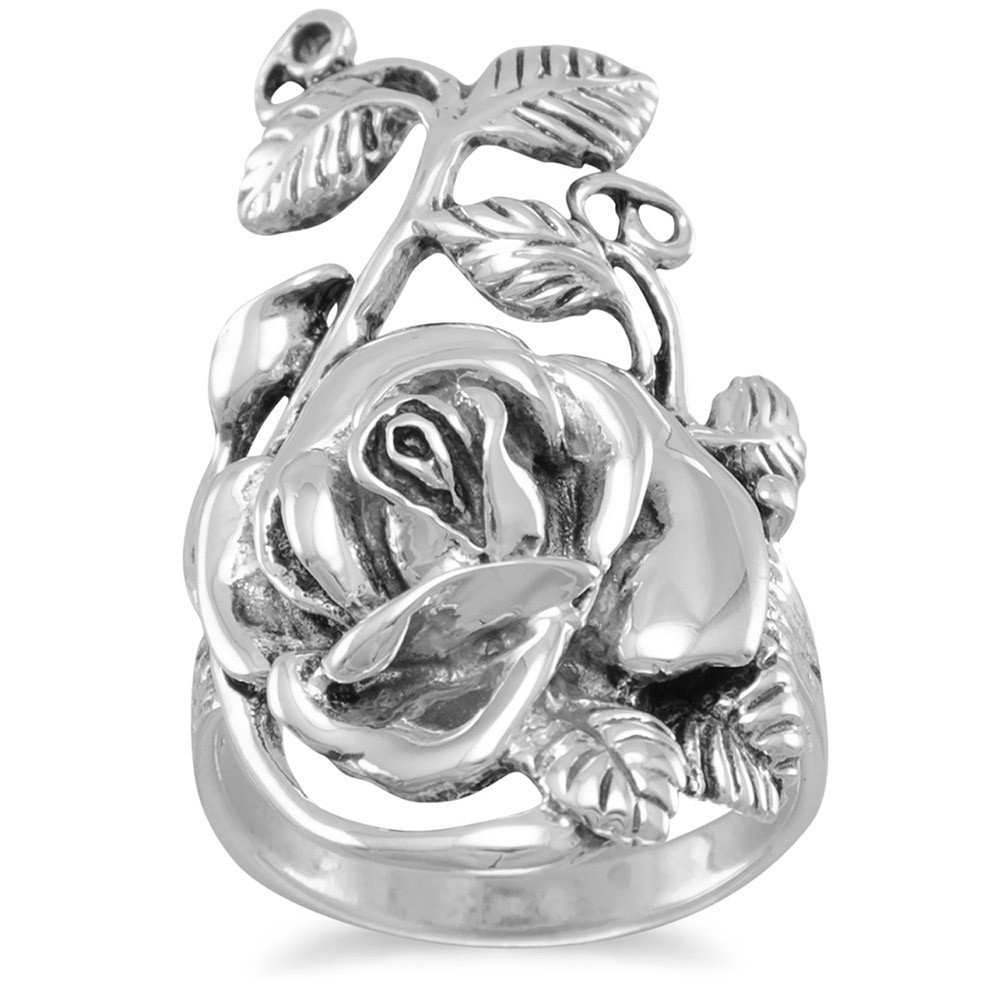 Antique Sterling Silver Rose Flower Ring with Leaves and Vines - Elegant Botanical Jewelry for Women, Perfect for Weddings, Anniversaries & Romantic Gifts