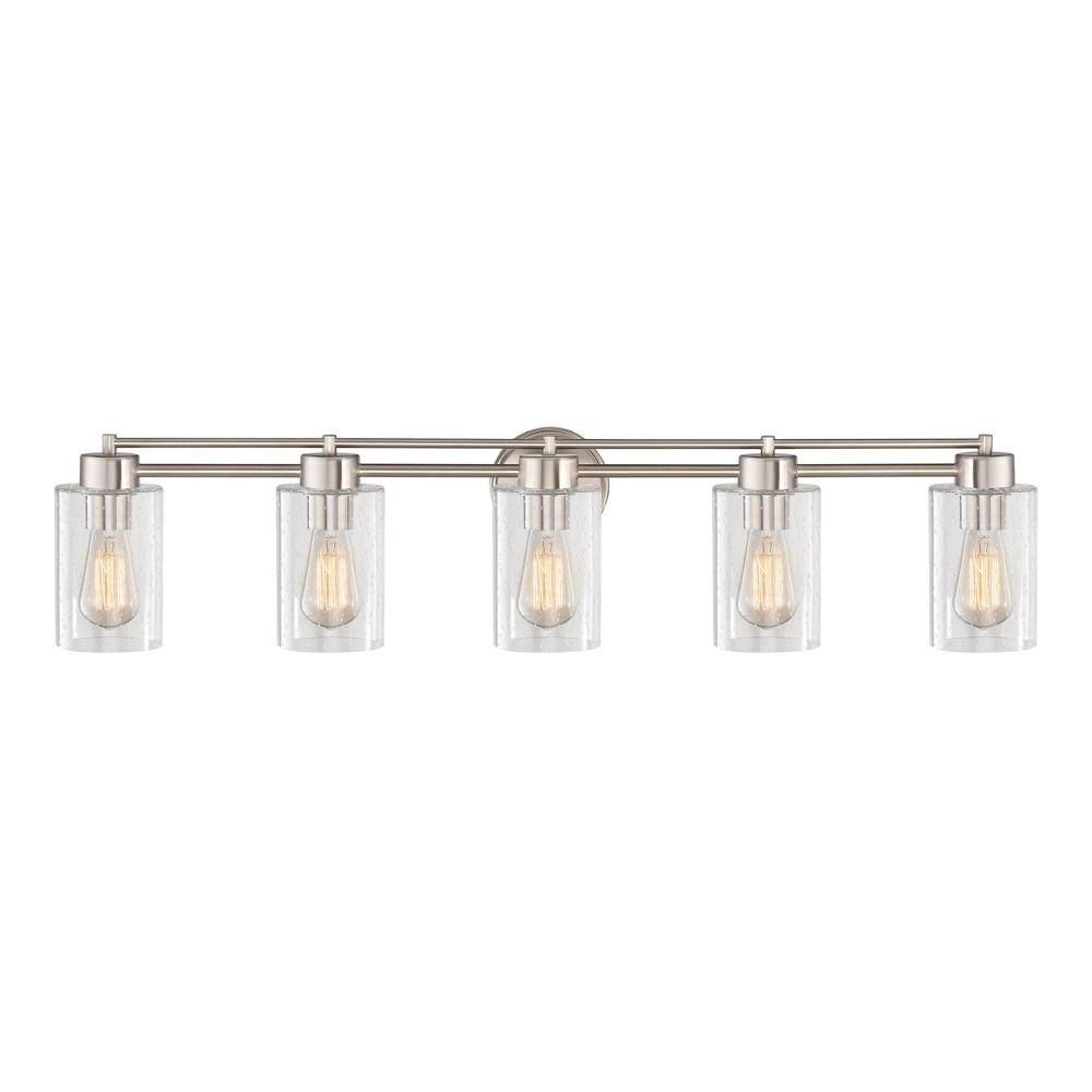 Seeded Glass Bathroom Vanity Light Fixture - Satin Nickel Finish - 5 Light Chandelier for Modern Bathroom & Powder Room Decor