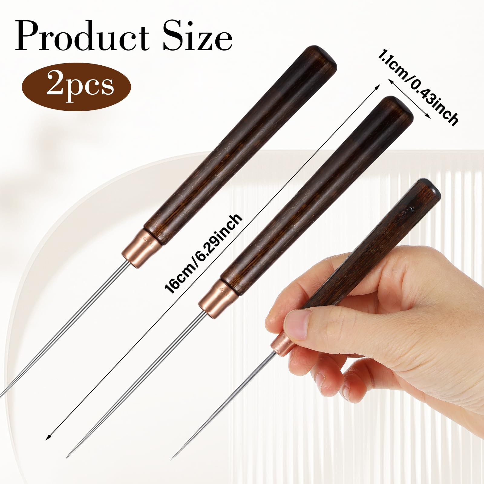 2Pcs Scratch Awl Tool Set - Metal Leather Punch with Wooden Handle, Micro Point Sewing Awl Needles for Fabric Hole Punching & Stitching - Perfect for Leather Craft, DIY Repair, Tailoring and Upholstery Projects