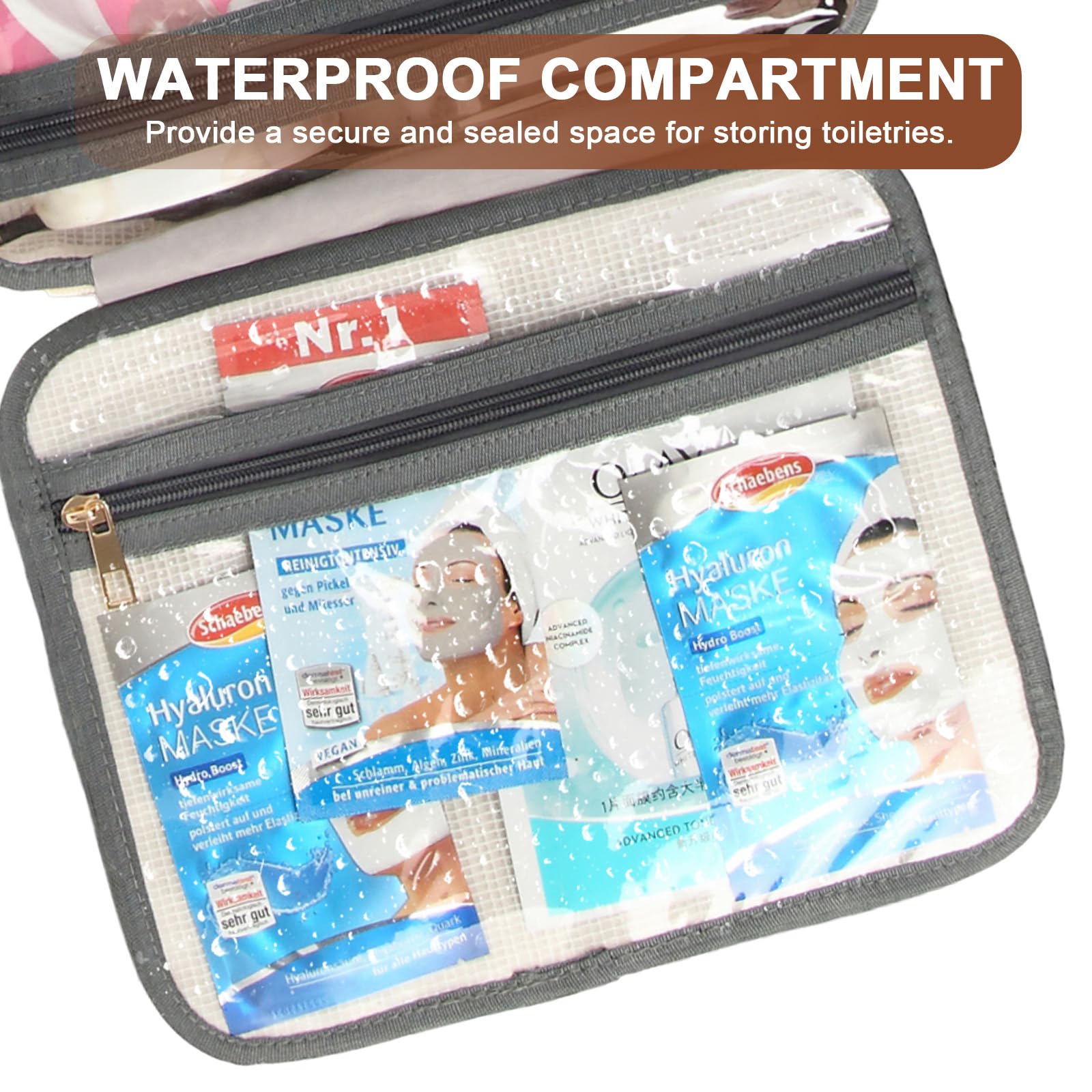 Hanging Toiletry Bag for Women - Travel Cosmetic Organizer with Multiple Compartments & Hook for Jewelry, Shampoo, Full-size Containers - Perfect for Vacation, Business Trips & Gym Essentials (Black Striped)