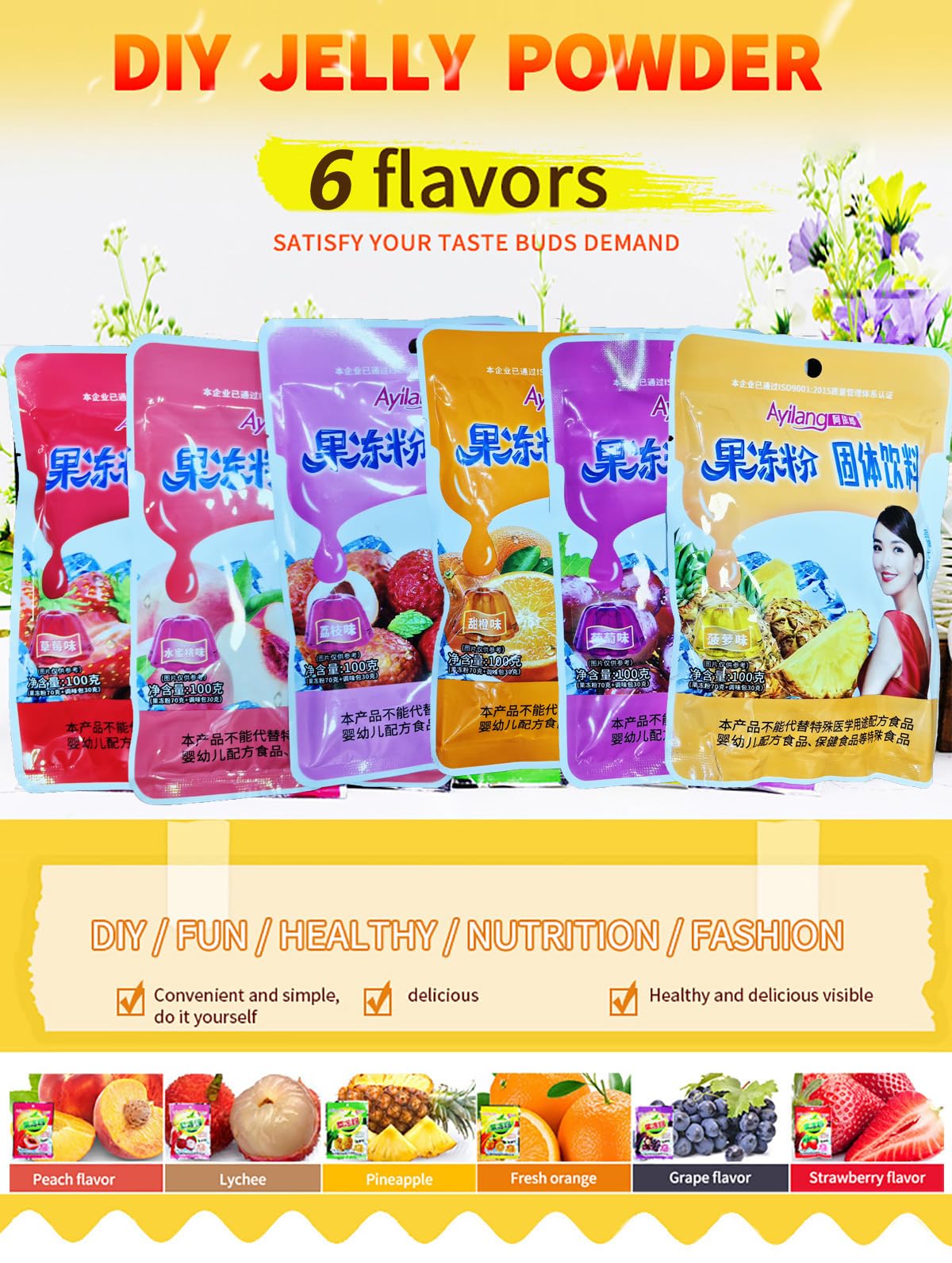 Bailinhou Crystal Konnyaku Jelly Powder 100g - Mix Fruit Flavor for Jelly, Noodles & Milkshakes (Pack of 6) | Vegan Dessert, Bubble Tea Topping & Asian Snack Ingredient