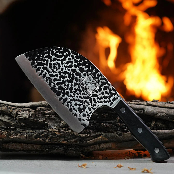 Hand Forged Butcher Knife 6.7 Inch Professional Kitchen Cleaver with Leather Sheath - Perfect for Meat Cutting, BBQ, and Home Cooking