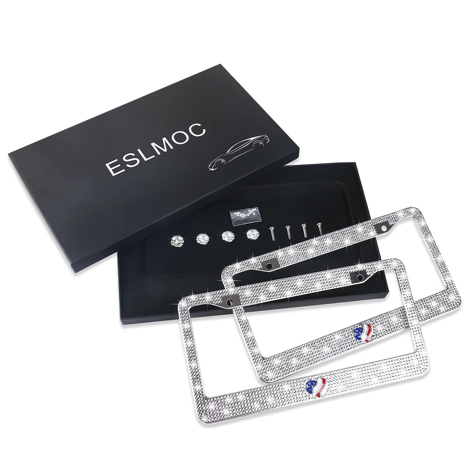 Sparkly Rhinestone Bling License Plate Frames for Women - 2PCs Heart-Shaped Bedazzled Car Plate Covers with Gift Box (USA Design) | Perfect for Car Decoration, Birthday Gifts & Customizing Your Vehicle