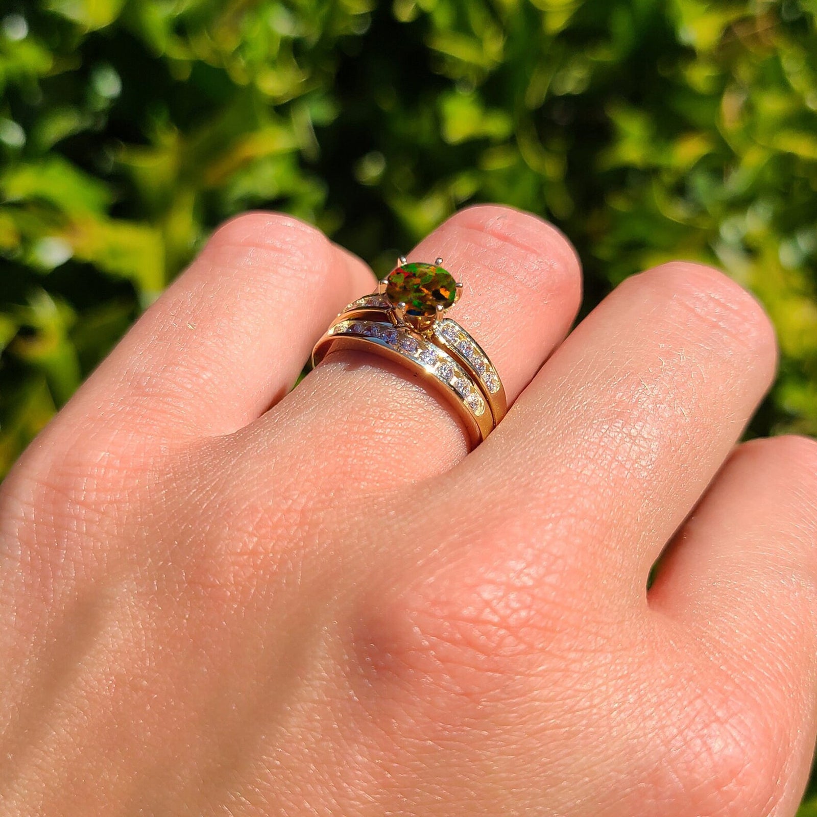 14K Yellow Gold Two Piece Half Eternity Round Lab Created Black Opal Cathedral Ring for Women - Elegant Wedding, Engagement, Anniversary Gift Jewelry for Her