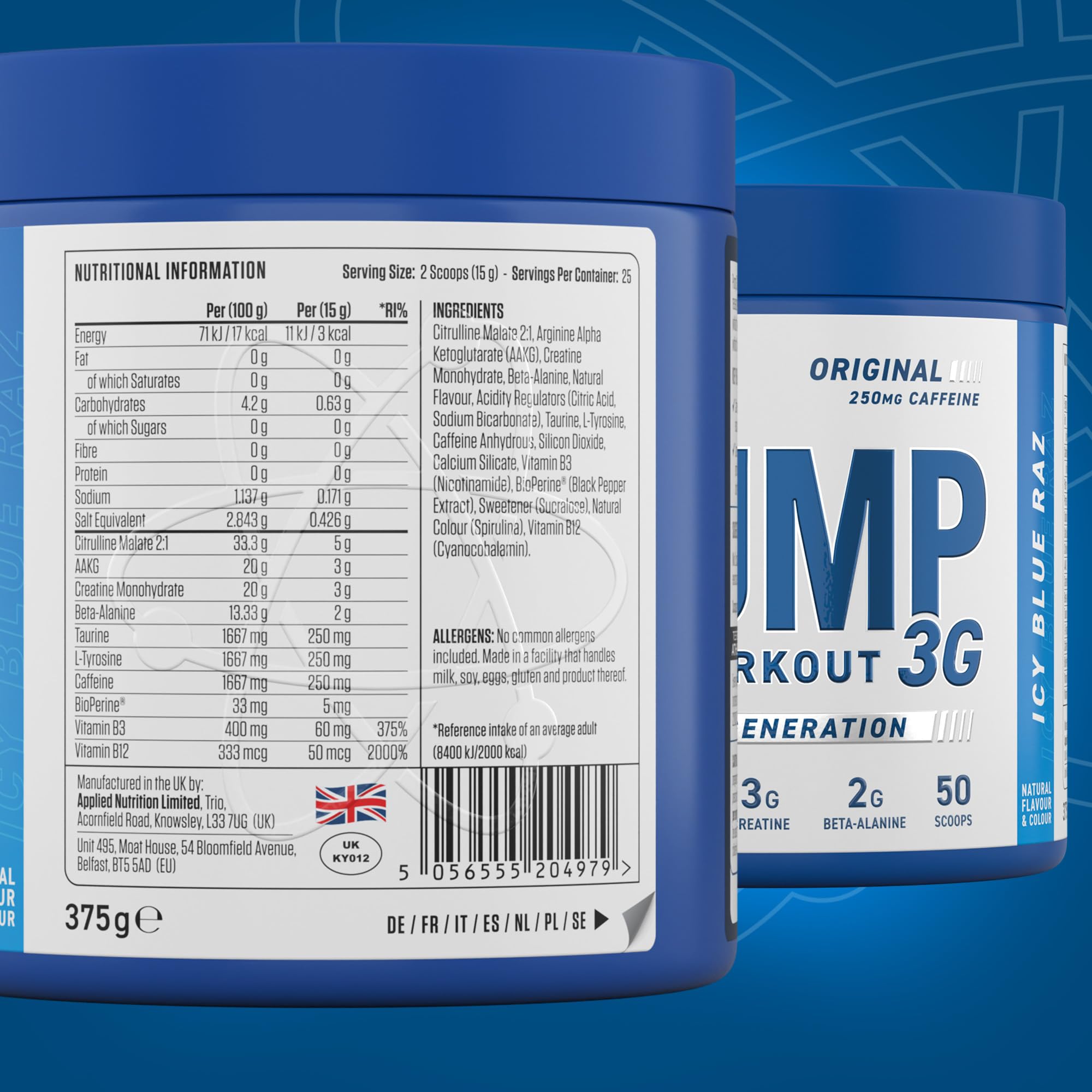 Applied Nutrition Pump 3G Pre Workout Powder - Icy Blue Raz Flavor (375g) | Energy Booster for Gym & Fitness Training