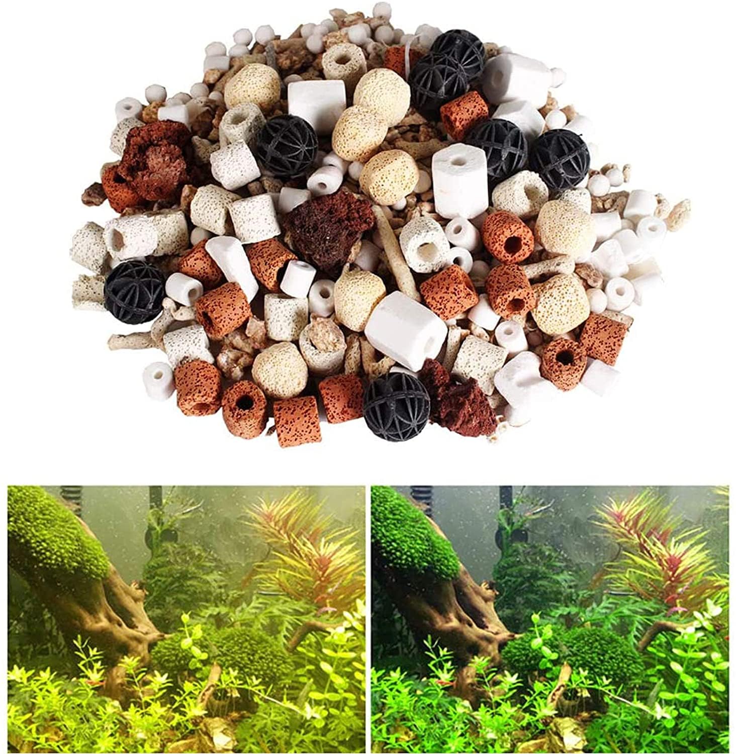 Premium Aquarium Filter Media - Mixed Ceramic Balls & Volcanic Rock Rings for Fish Tank, Pond Water Filtration - Improves Water Quality & pH Balance - Ideal for Freshwater & Saltwater Aquariums, Koi Ponds