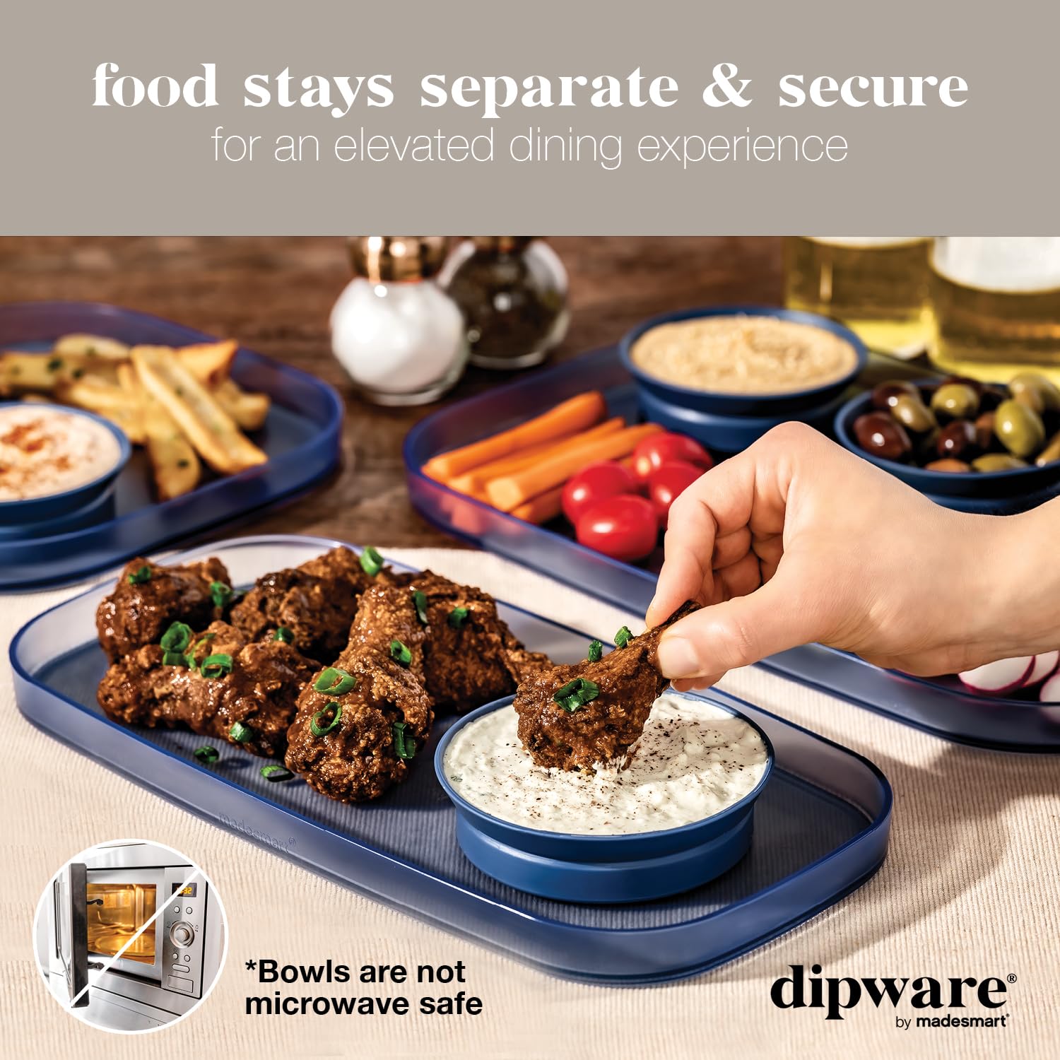 MadeSmart Dipware Small Serving Tray with Collapsible & Removable Dip Bowl - Perfect for Appetizers, Snacks, Chips & Dips - Reusable Multipurpose Serving Tray with Translucent Blue Bowl - Ideal for Parties, Picnics & Entertaining