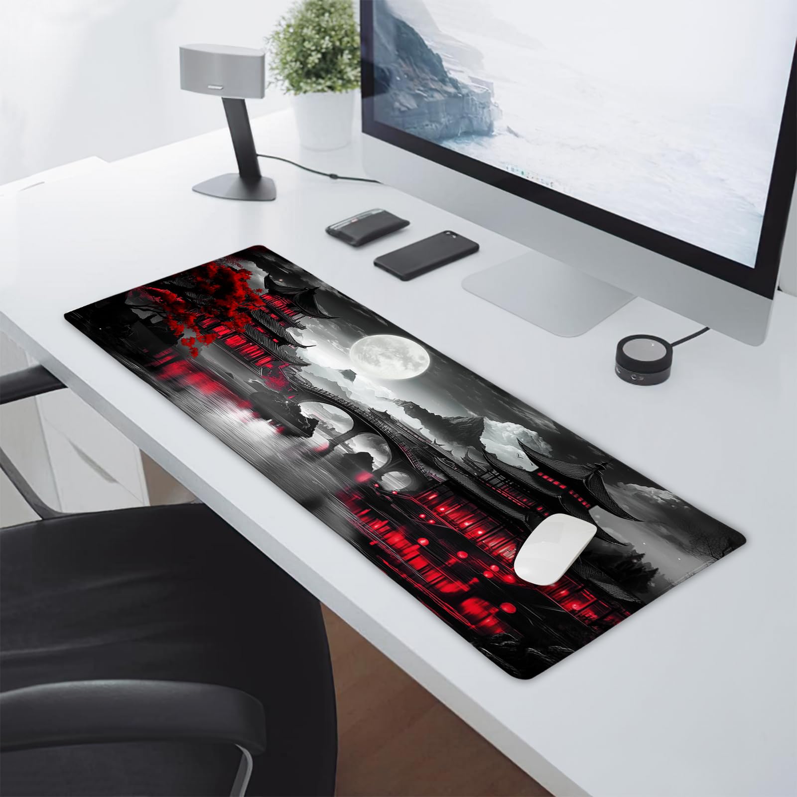 Premium Japanese Riverside Full Moon Extended Desk Mat - Extra Large 31.5×11.8 Inch Non-Slip Rubber Base Mouse Pad with Stitched Edges for Gaming, Office & Home Use - Black & Red Design for PC, Laptop & Keyboard Comfort