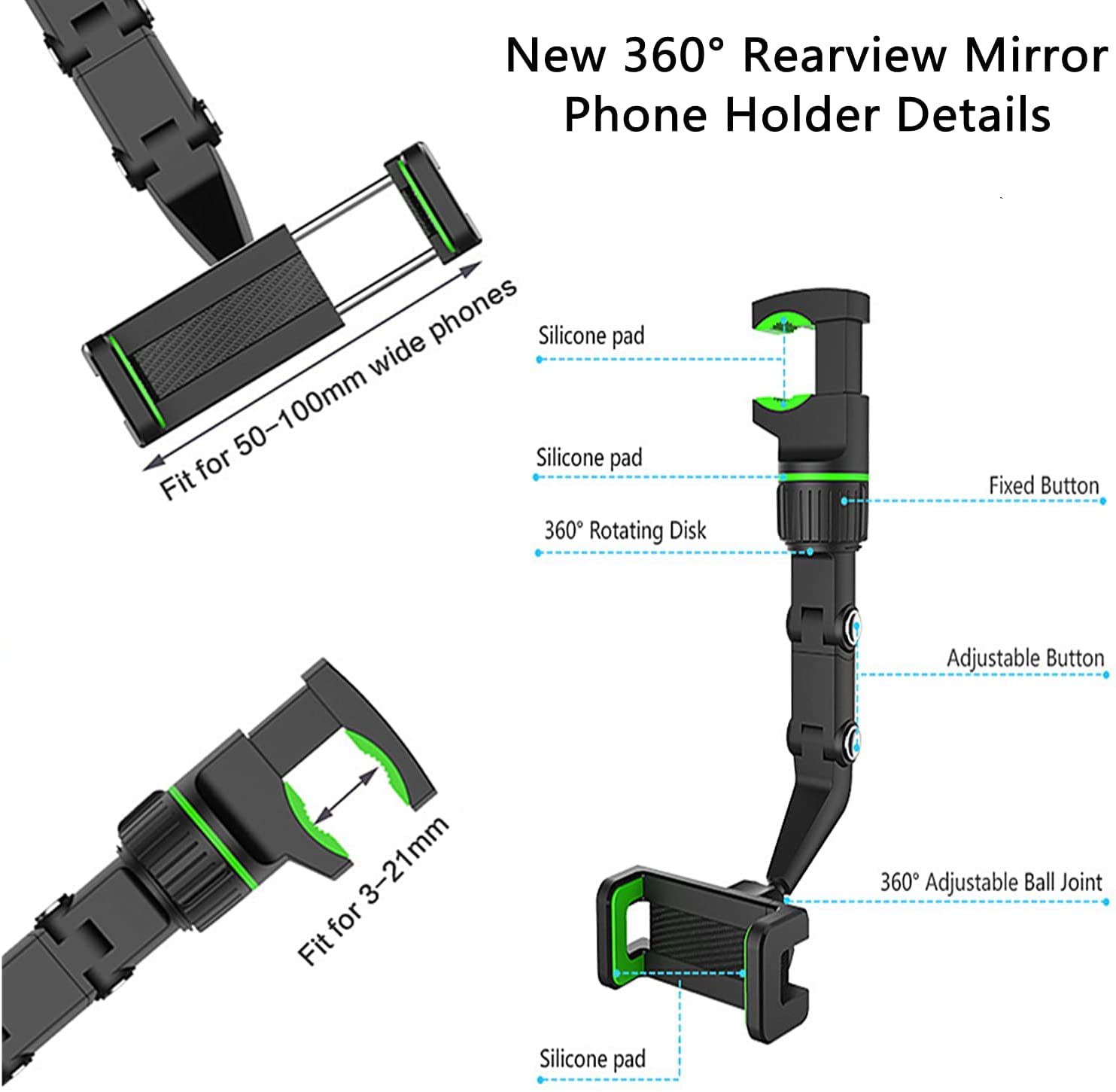 360° Rotatable Car Phone Mount Holder - Universal Adjustable Rearview Mirror Phone Stand for GPS & Hands-Free Driving - Perfect for Road Trips, Commuting & Navigation (Green)