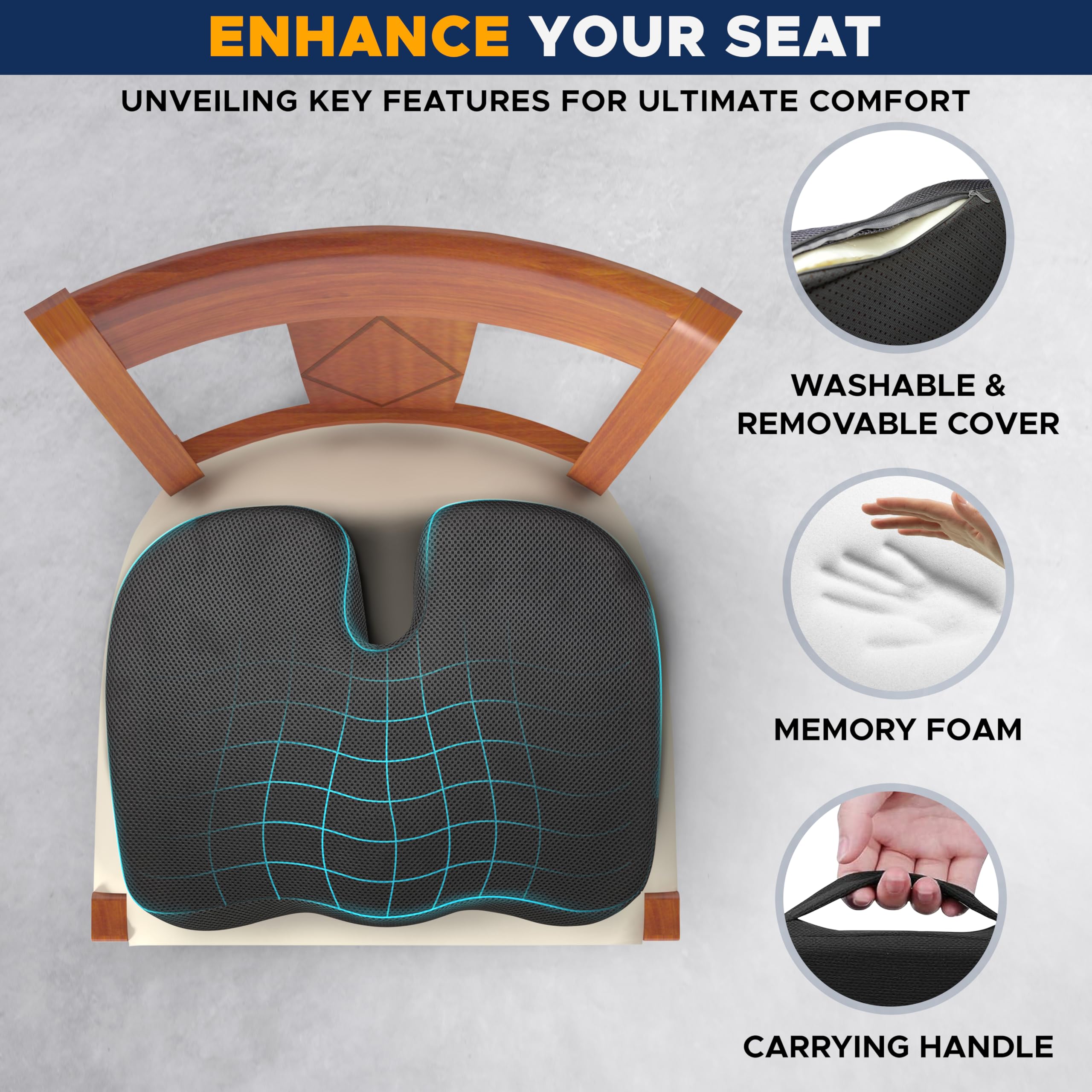 EcoNour Gel Seat Cushion for Office Chair - Memory Foam Coccyx Support for Sciatica & Tailbone Pain Relief - Ergonomic Car Seat Cushion & Desk Chair Pillow - Perfect for Long Sitting at Work, Driving, or Home Use