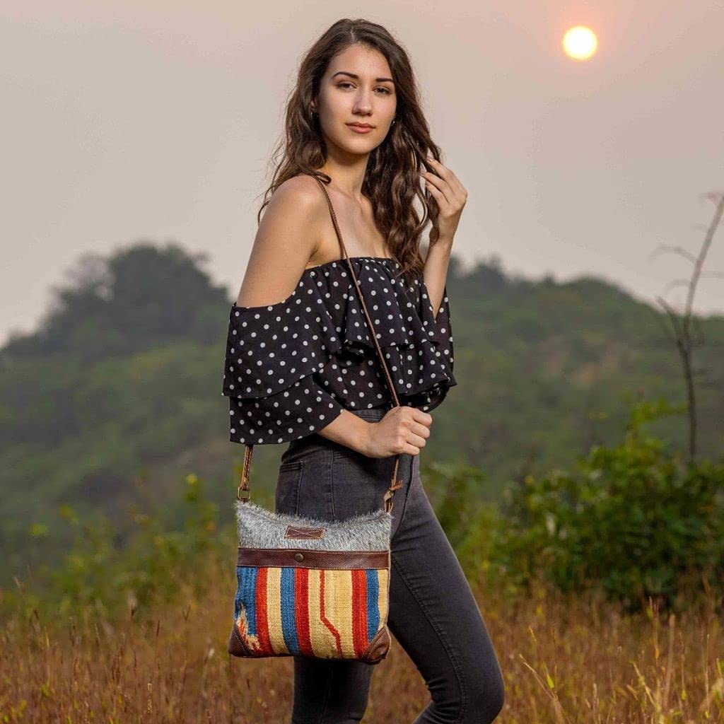 Bohemian Crossbody Bag - Upcycled Cotton & Cowhide Leather for Travel & Daily Use