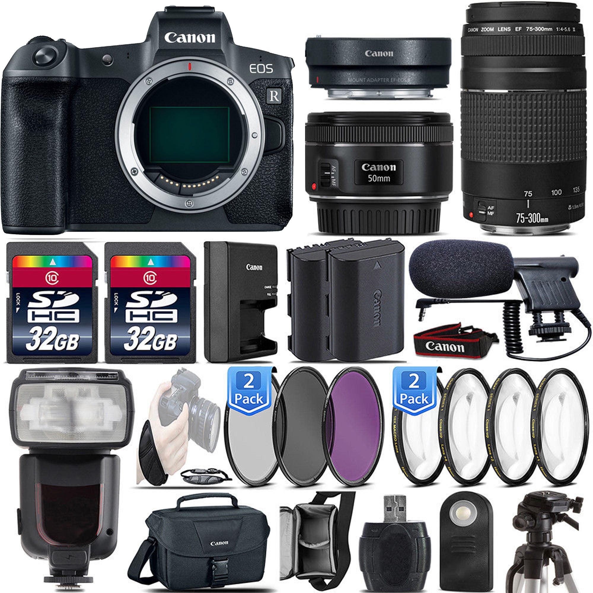 Canon EOS R Full Frame Mirrorless Digital Camera Body with 50mm f/1.8 STM Lens & 75-300mm III Lens - 64GB Bundle Kit for Professional Photography & Travel Videography