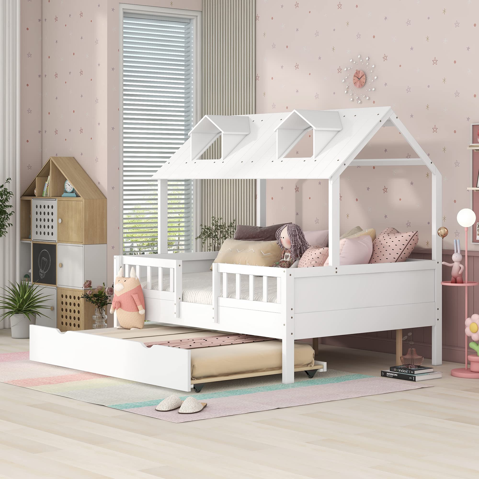 MERITLINE Full House Bed with Trundle - White Wooden Platform Bed Frame with Roof for Kids, Teens, Boys & Girls - Perfect for Small Bedrooms, Playrooms & Sleepovers