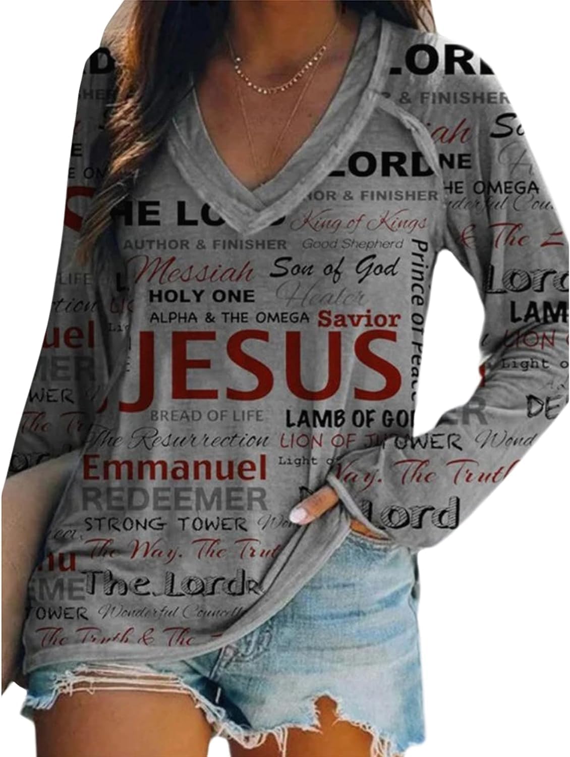 Women's Christian Jesus Print Long Sleeve V-Neck T-Shirt - Religious Casual Blouse for Church, Bible Study & Everyday Wear