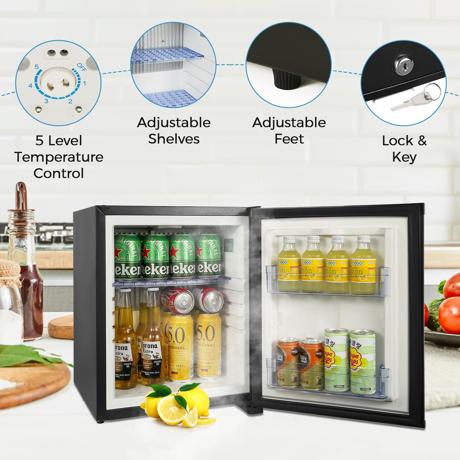 1.07 cu.ft Mini Fridge for Bedroom - Compact Refrigerator with Lock, Ultra Quiet 110V Cooling for Dorm, RV, Hotel & Office | Noise Absorption Technology | Black | Perfect for Snacks, Drinks & Skincare Storage
