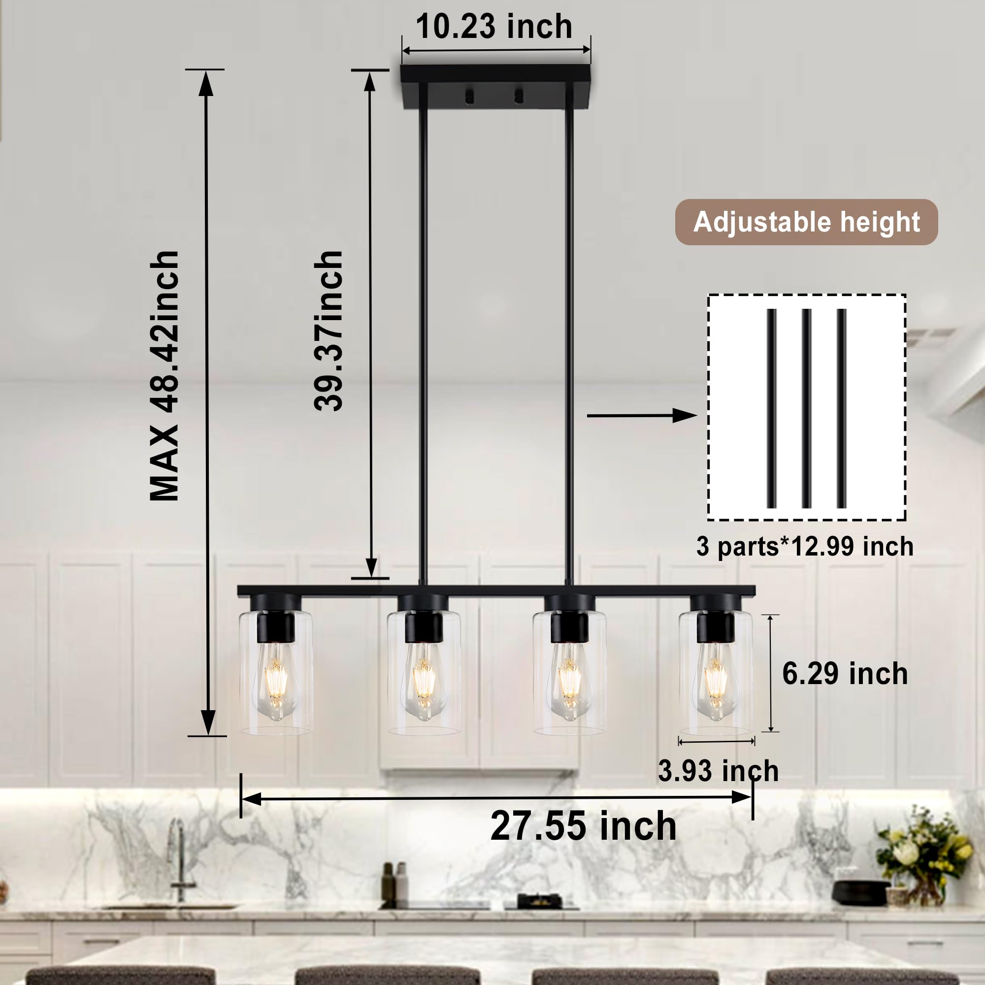 Modern Black 4-Light Farmhouse Pendant Chandelier - 27