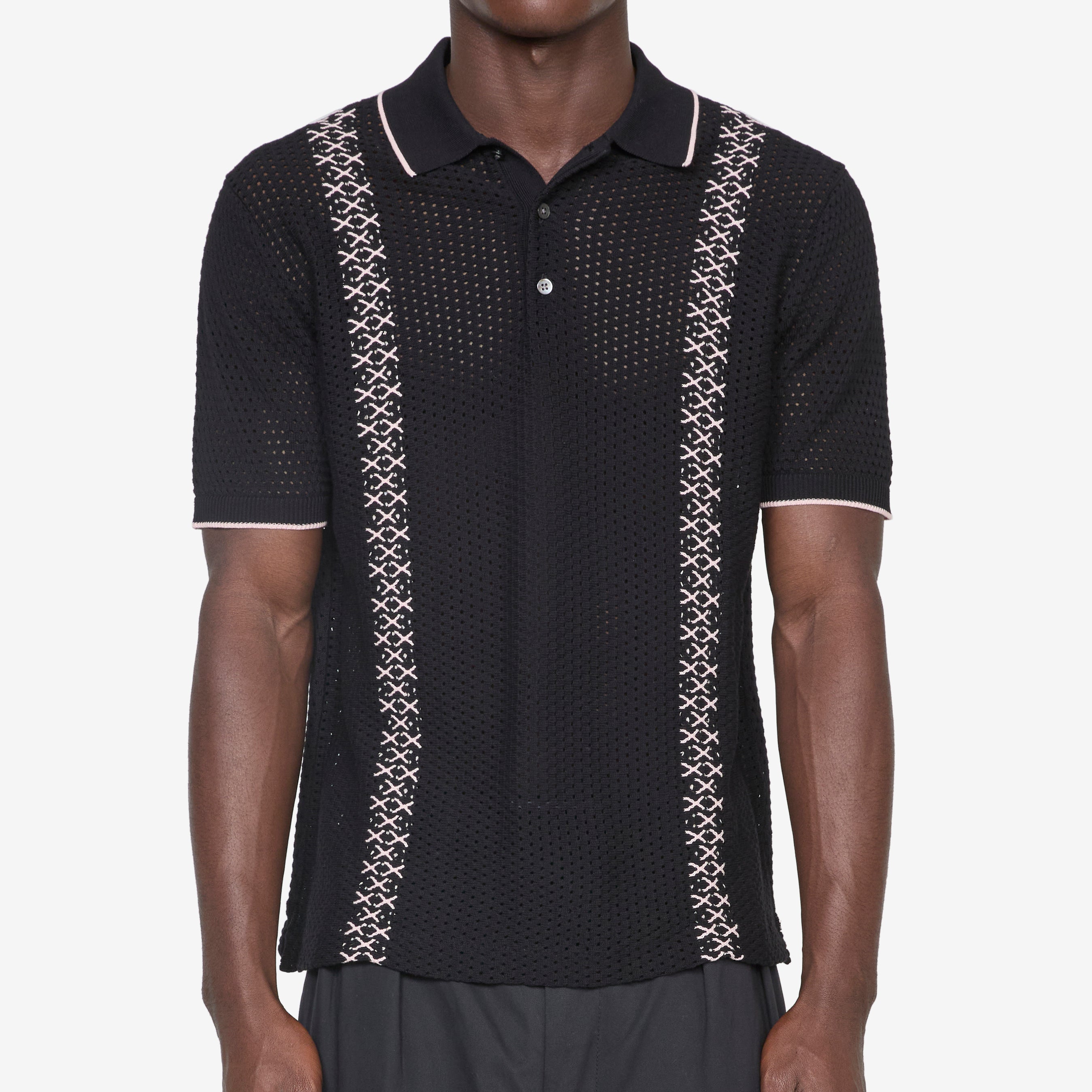 Men's Knit Polo Shirt with Mesh Stripe Design in Black - Perfect for Casual Wear, Office & Outdoor Activities