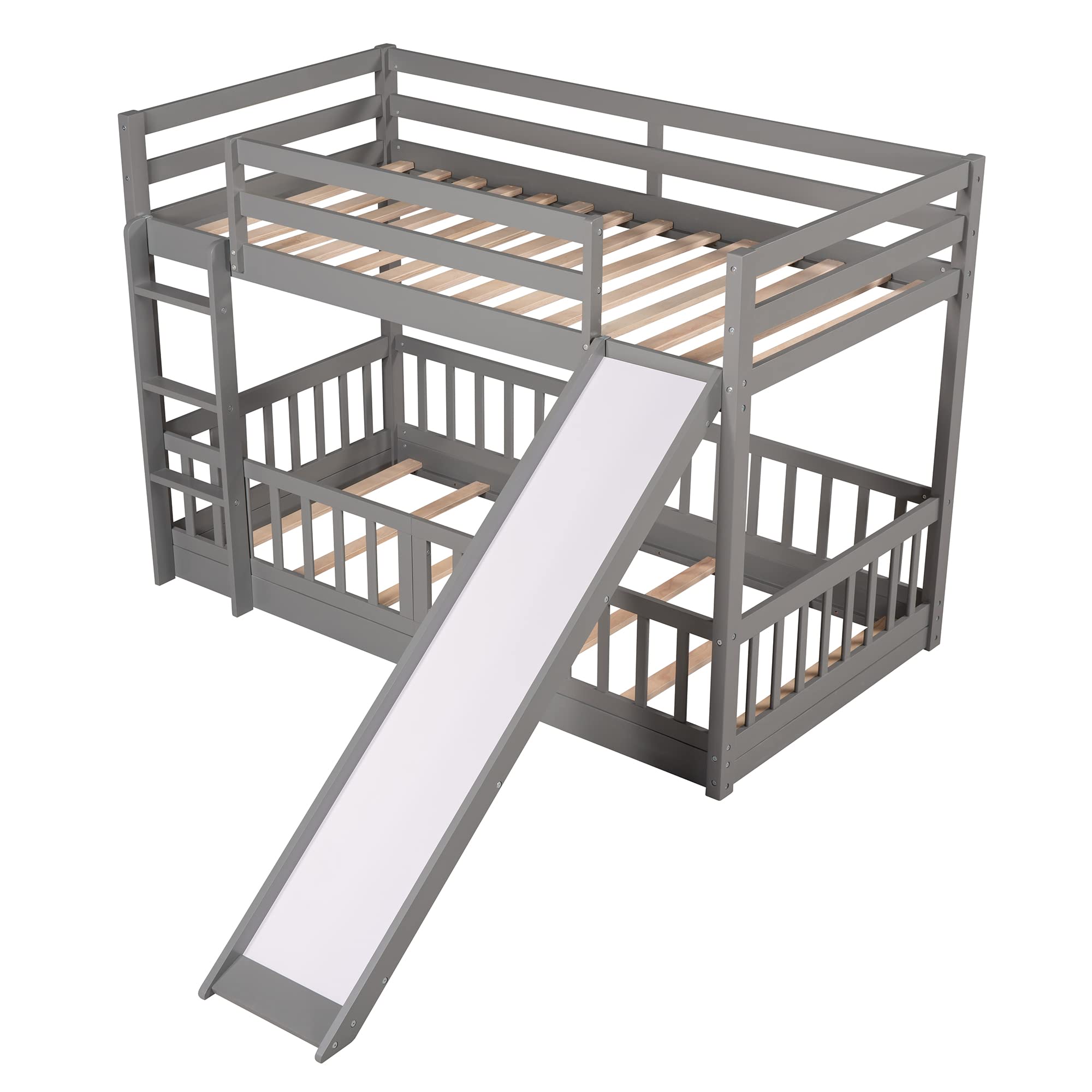 Twin Over Twin Bunk Bed with Slide - Wooden Low Bunk Bed Frame with Ladder & Safety Rail for Kids, Toddlers, Boys & Girls - Perfect for Small Bedrooms, Kids' Rooms & Shared Spaces - Gray
