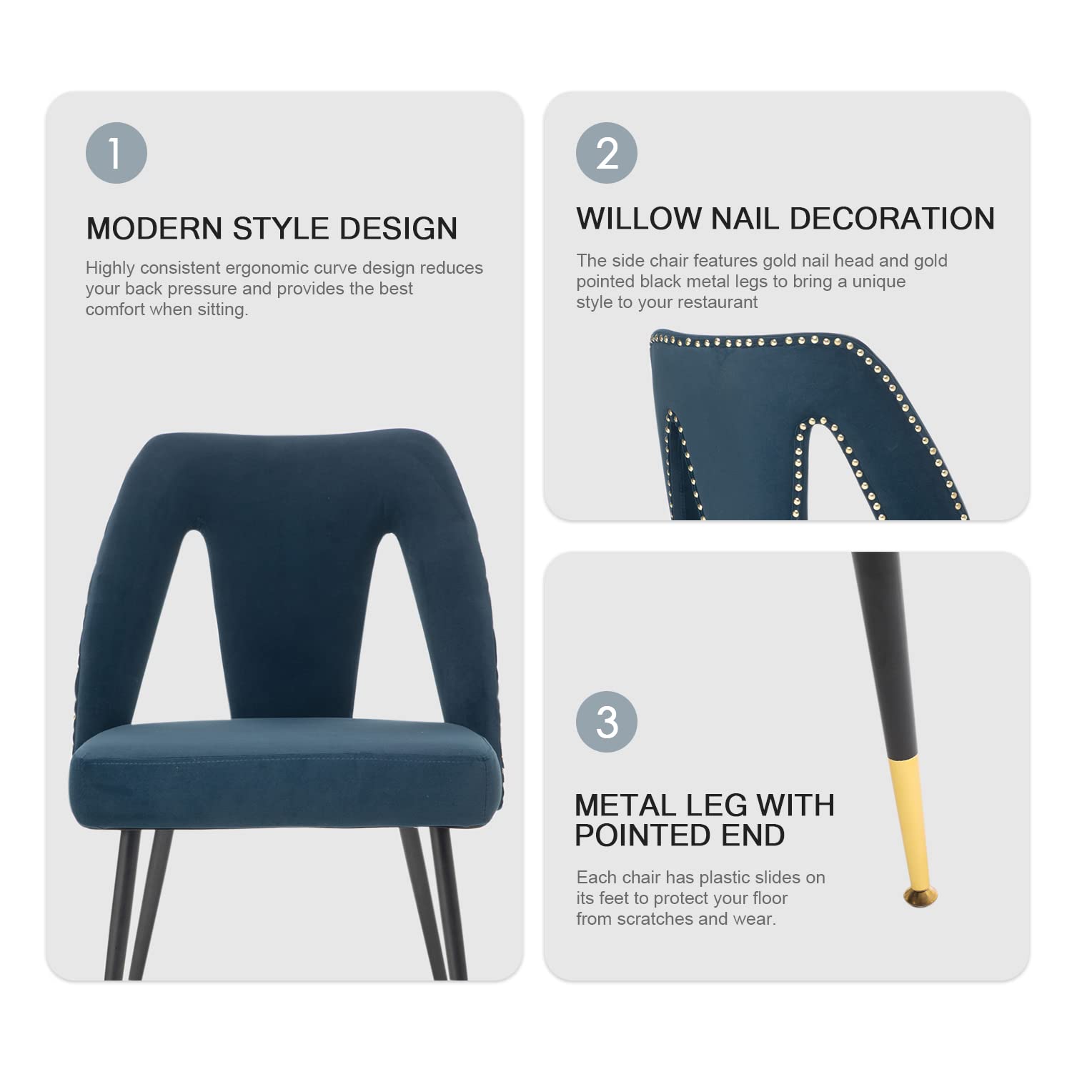 Nrizc Set of 4 Velvet Modern Dining Chairs - Upholstered Side Chairs with Sturdy Metal Legs & Elegant Nailhead Trim - Perfect for Kitchen, Dining Room or Bedroom Decor (Blue) - Ideal for Family Dinners, Entertaining Guests & Home Office Seating