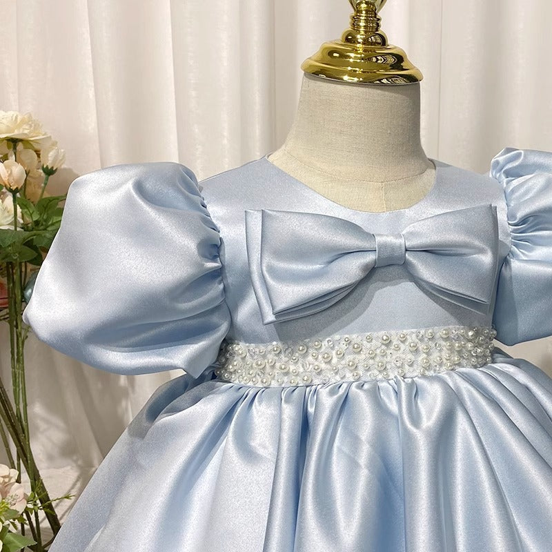 Elegant Blue Satin Flower Girl Dress with Lace & Puff Sleeves - Perfect for Weddings, Baptisms, and Special Occasions