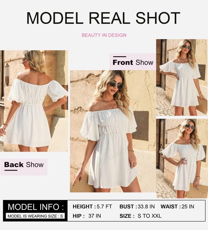 Dokotoo Women's Off Shoulder Summer Dress 2025 - Short Lantern Sleeve, Ruffle Trim, Elastic Waist A-Line Mini Dress for Beach, Vacation & Casual Outings
