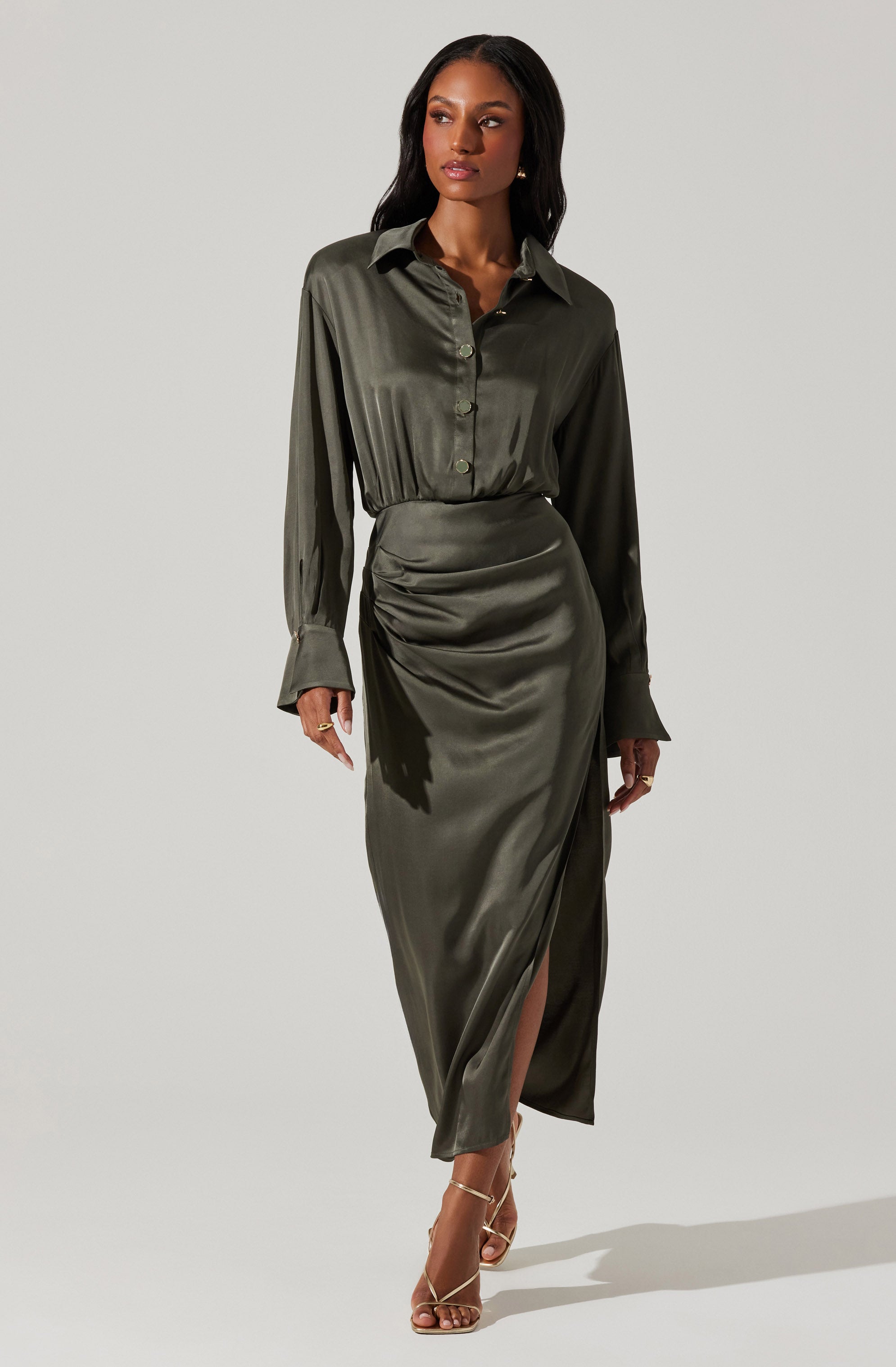 Elizabello Women's Satin Midi Shirt Dress - Elegant Button Down Tunic for Office, Date Night & Spring Outfits