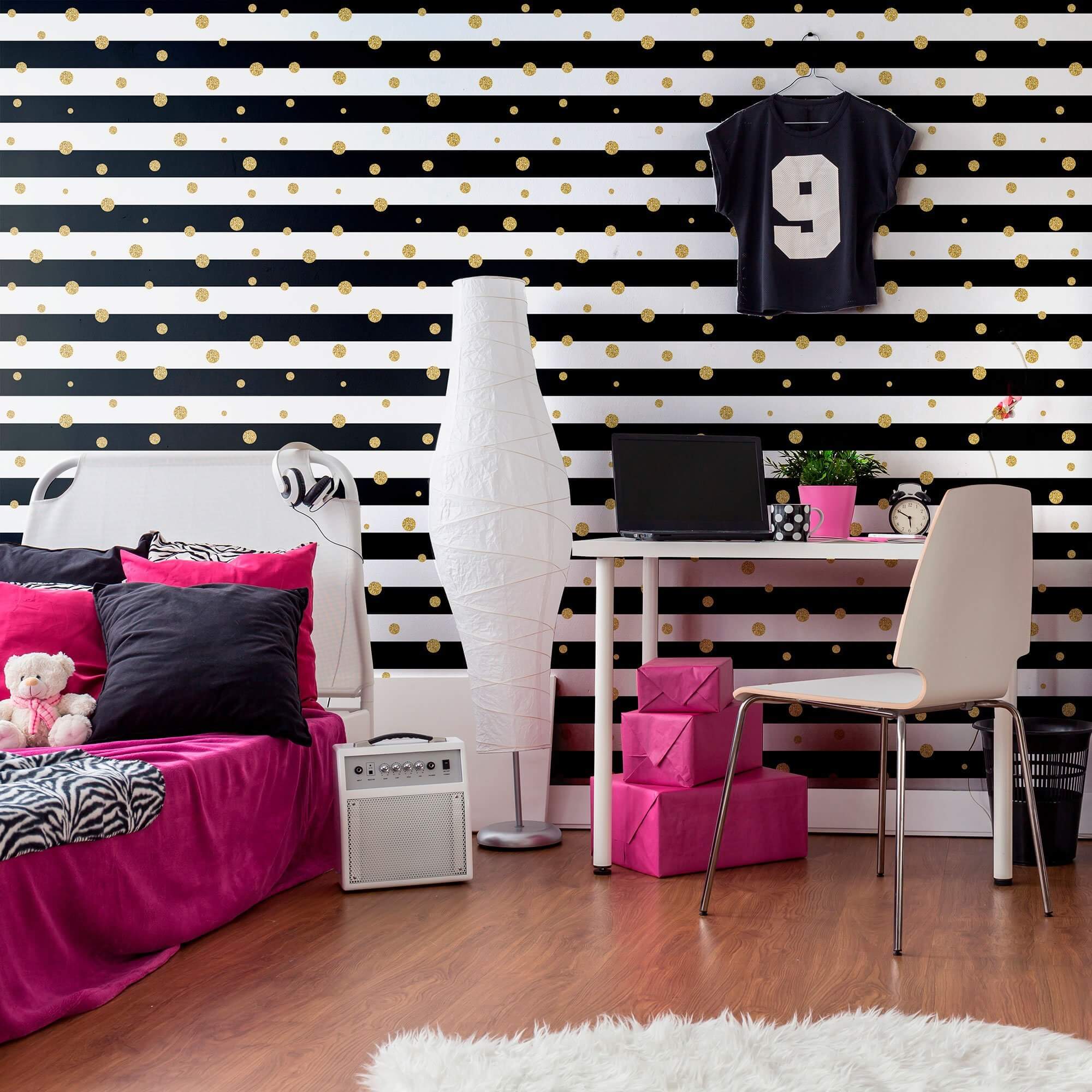Black and Gold Striped Peel and Stick Removable Wallpaper - Self-Adhesive Decorative Wall Covering for Bedroom, Living Room, Office - Easy to Install & Remove - Pattern 3769