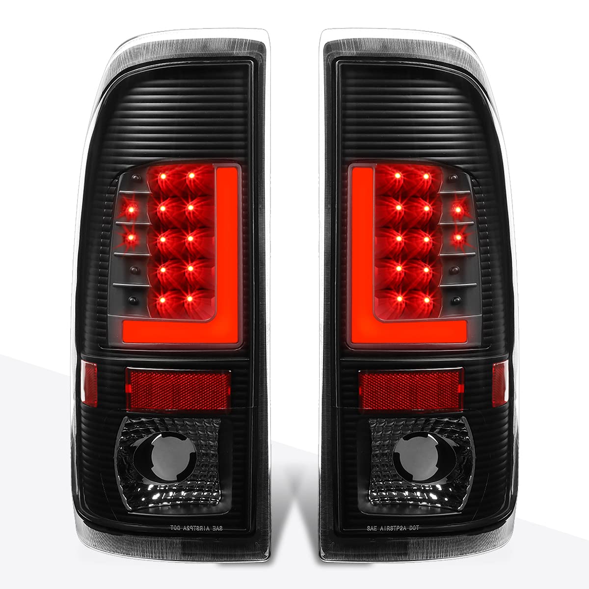 PM PERFORMOTOR L-Shape 3D LED Tail Lights Brake Lamps Assembly for 1997-2007 Ford F250 F350 F450 F550 Super Duty - Black Housing & Clear Lens - Enhanced Visibility & Style for Trucks & Off-Road Adventures