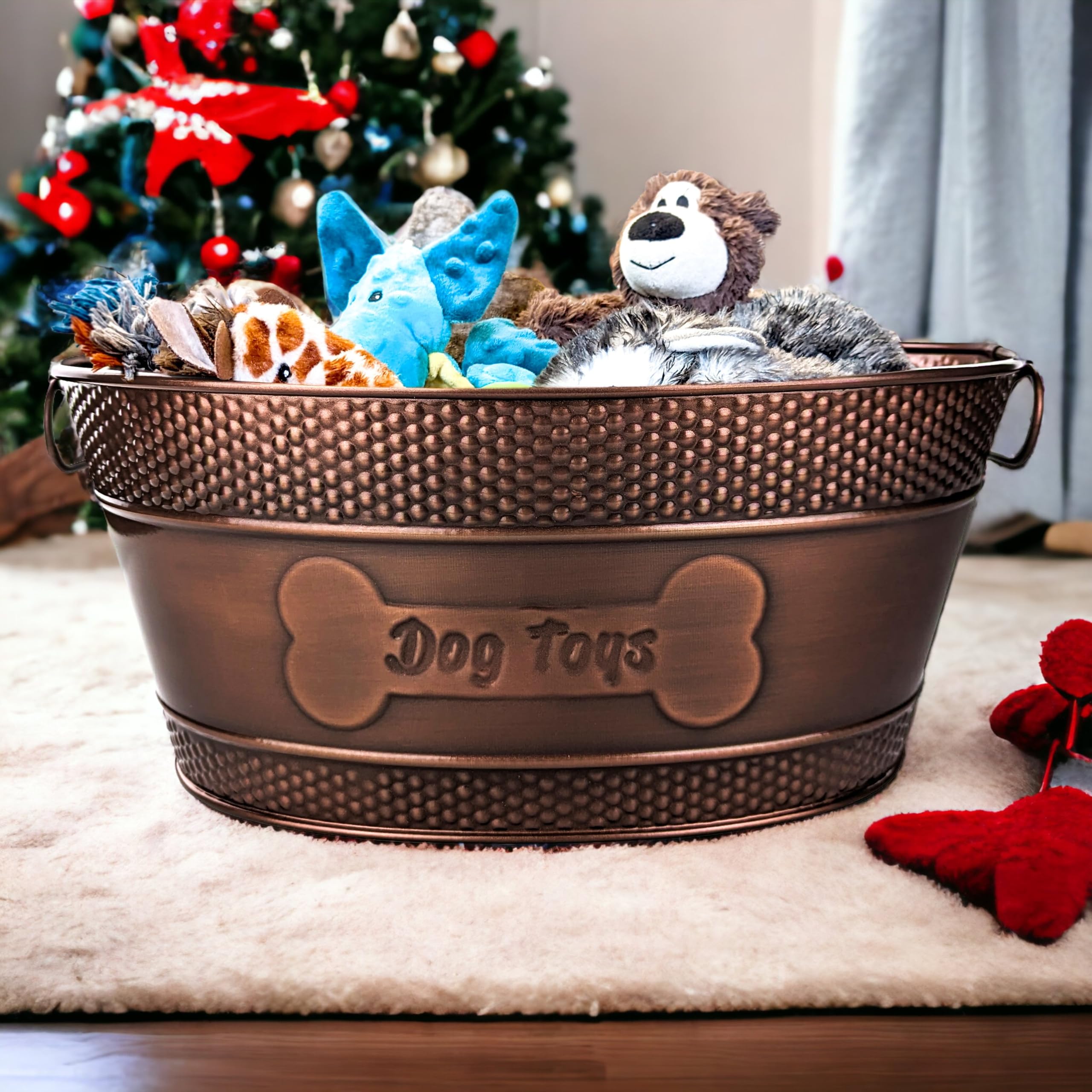 Durable Metal Dog Toy Storage Bin - Galvanized Copper Dog Toy Organizer with Handles for Chew Toys, Blankets & Leashes | Pet Bone Design Toy Box (15-Quart) | Perfect for Living Room, Bedroom & Dog Play Area Organization
