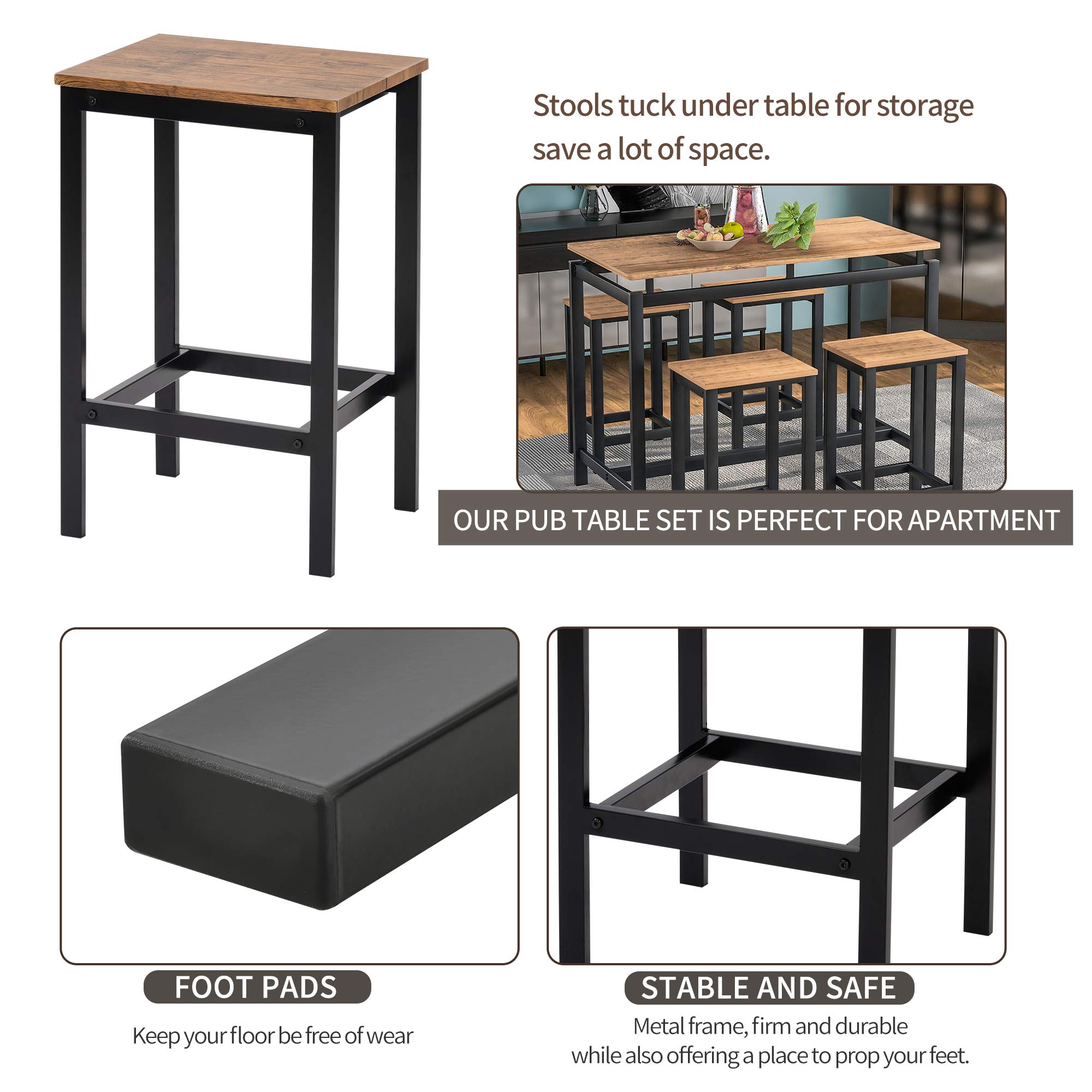 5-Piece Industrial Kitchen Dining Table Set with Chairs for 4 - Counter Height Bar Table Set in Brown for Breakfast Nook, Dining Room & Kitchen | Perfect for Small Spaces & Modern Home Decor